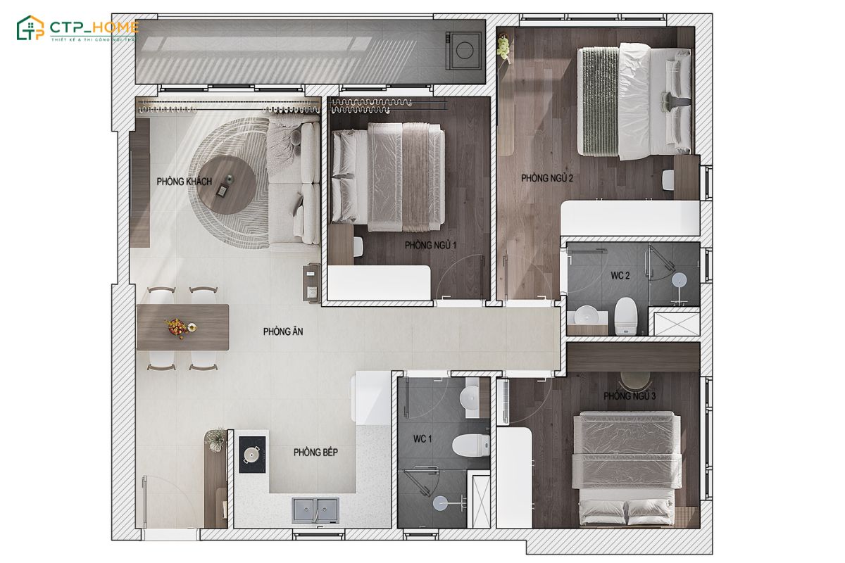 Bản vẽ thiết kế nội thất chung cư 70m2 3 phòng ngủ với đầy đủ công năng sử dụng cơ bản