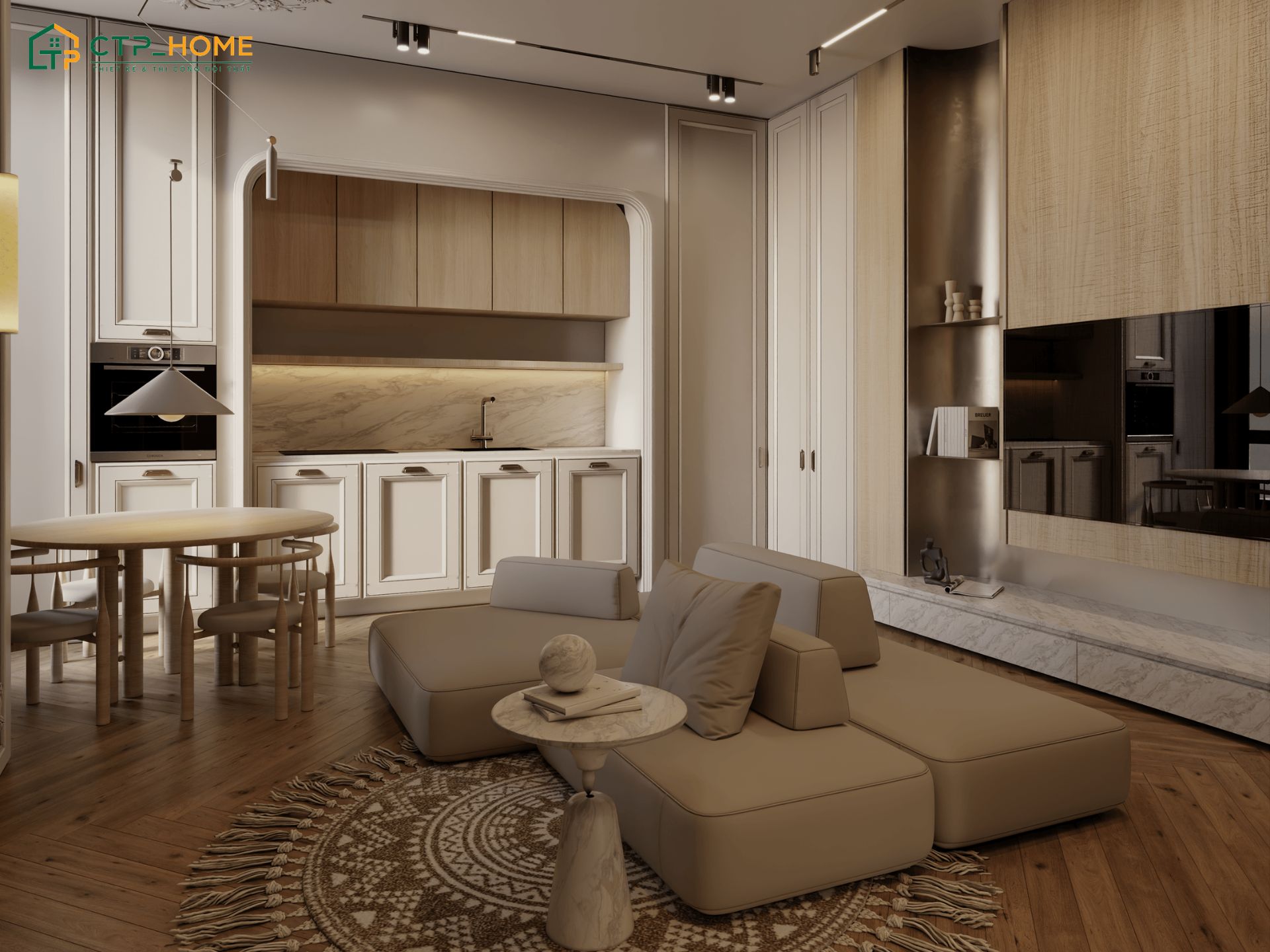 Mẫu thiết kế nội thất cho căn hộ chung cư 70m2 phong cách Japandi sẽ ưu tiên các vật liệu tự nhiên
