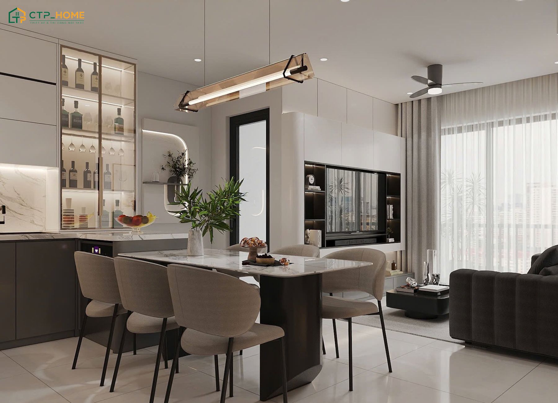 Không gian phòng bếp chung cư 75m2 được thiết kế gọn gàng giúp tối ưu công năng sử dụng