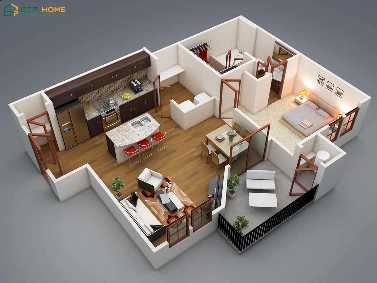 Mẫu thiết kế nội thất chung cư 75m2 1 phòng ngủ thường sẽ bố trí phòng khách liền thông với phòng bếp và bàn ăn