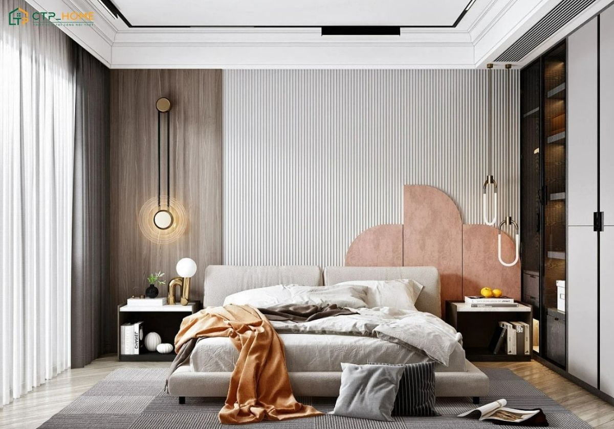 Phòng ngủ trong căn hộ 75m2 có diện tích lớn nên gia chủ có thể bố trí thêm bàn làm việc học phòng thay đồ