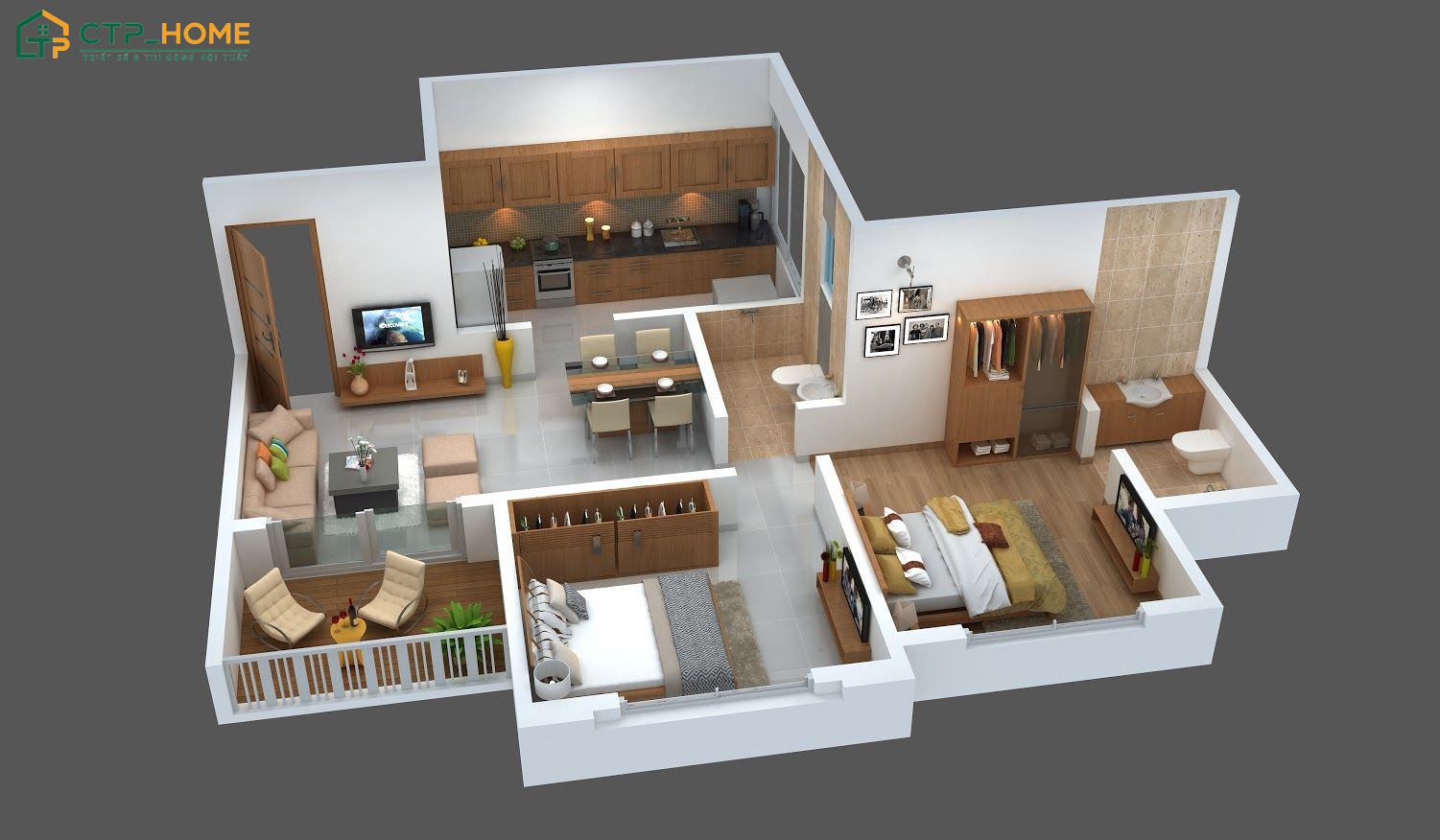 Mẫu thiết kế nội thất chung cư 75m2 2 phòng ngủ sẽ tập chung vào sự kết nối giữa các khu vực chức năng
