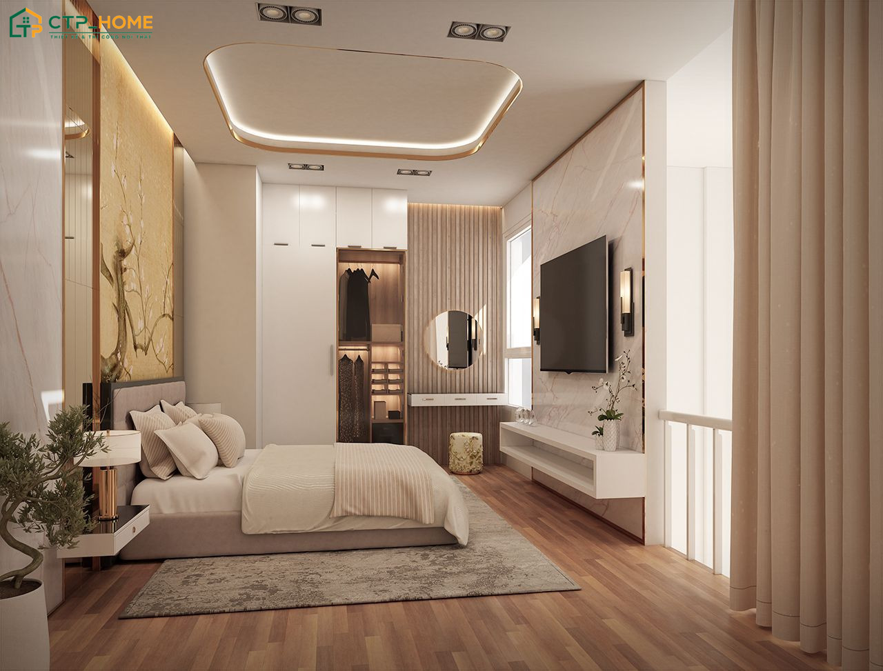 Mẫu phòng ngủ Master trong căn hộ 75m2 sẽ được ưu tiên diện tích hơn để tạo cảm giác thoải mái hơn
