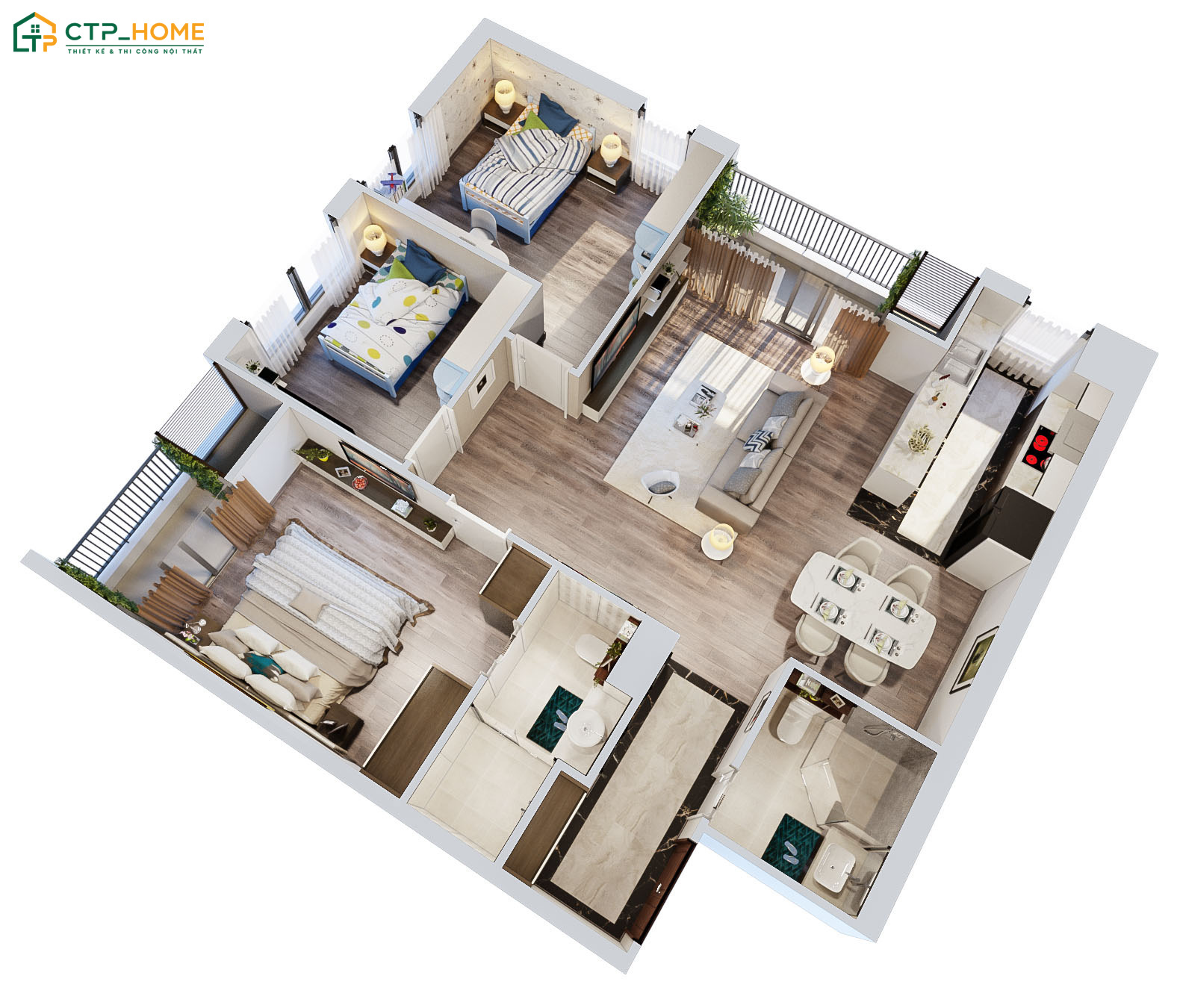 Mẫu thiết kế nội thất chung cư 75m2 3 phòng ngủ sẽ bố trí theo hướng tối giản để đảm bảo sự thông thoáng