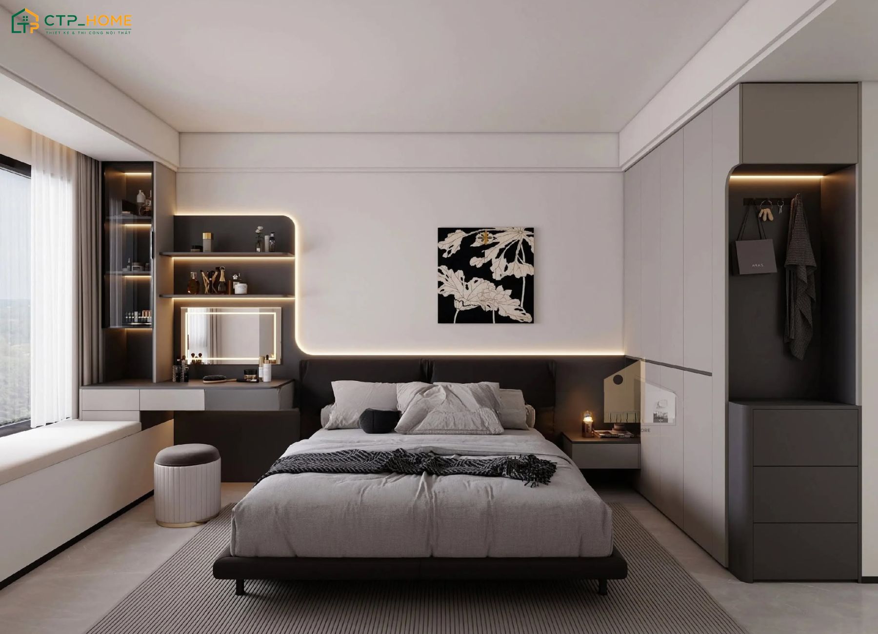 Phòng ngủ chung cư 75m2 Luxury sẽ sử dụng giường bọc đệm để tạo cảm giác thoải mái hơn