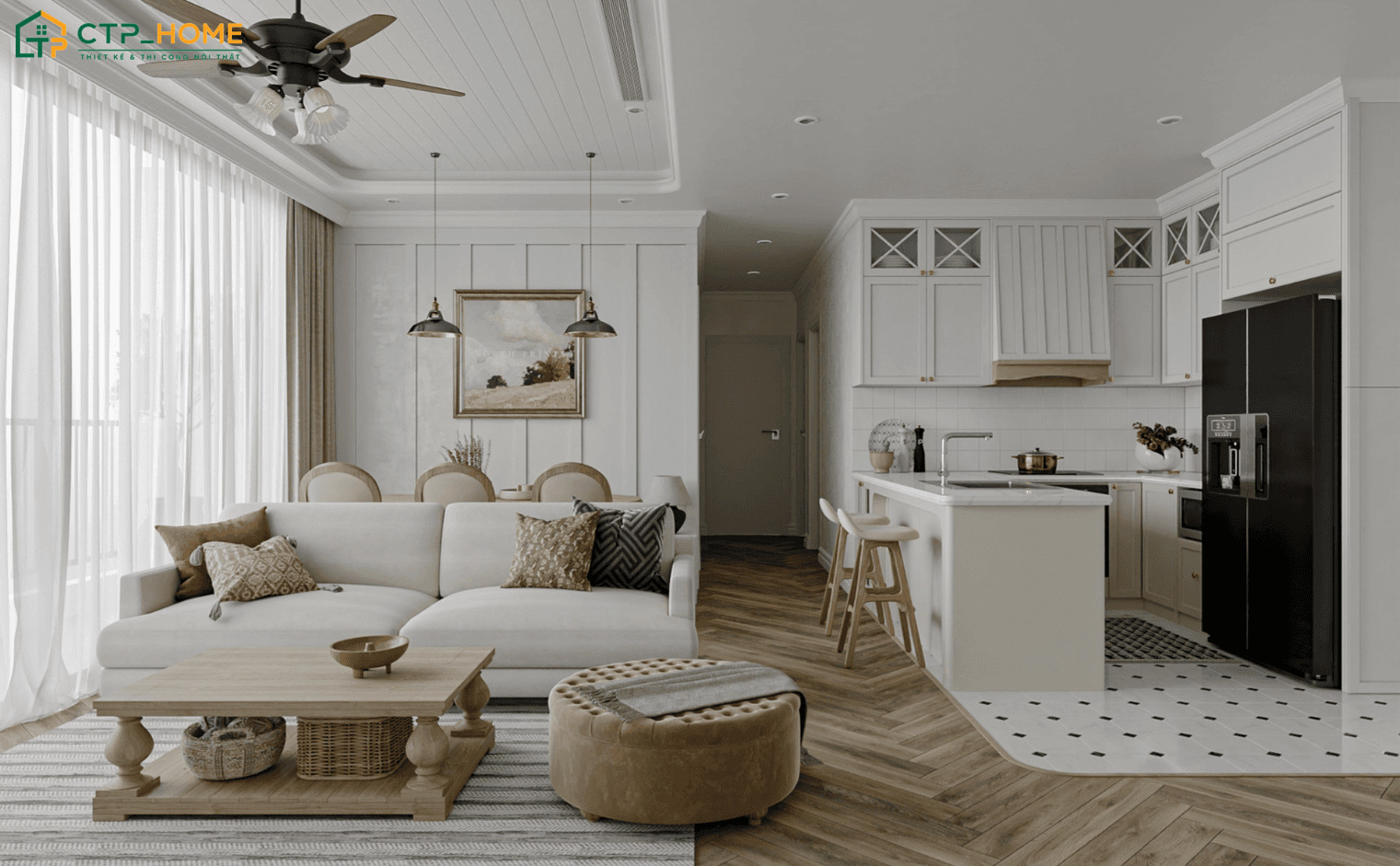 Thiết kế nội thất chung cư 75m2 tân cổ điển theo xu hướng mở sẽ tạo cảm giác rộng rãi hơn