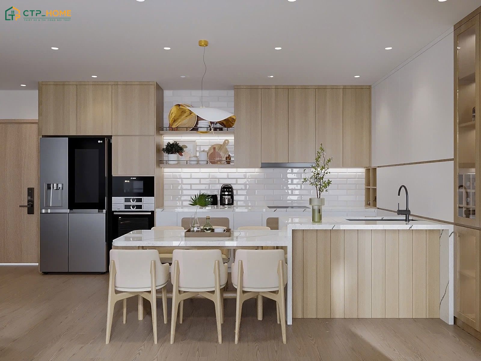 Các chất liệu đặc trưng của chung cư 90m2 phong cách Japandi là gỗ sáng màu, gốm sứ và vải thô
