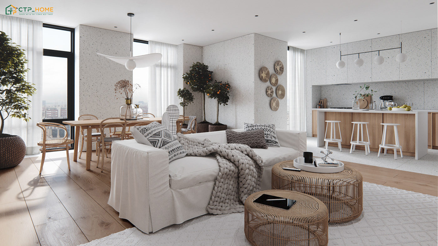 Nội thất chung cư Scandinavian 90m2 sẽ ưu tiên các chất liệu từ thiên nhiên như mây tre đan, vải mềm