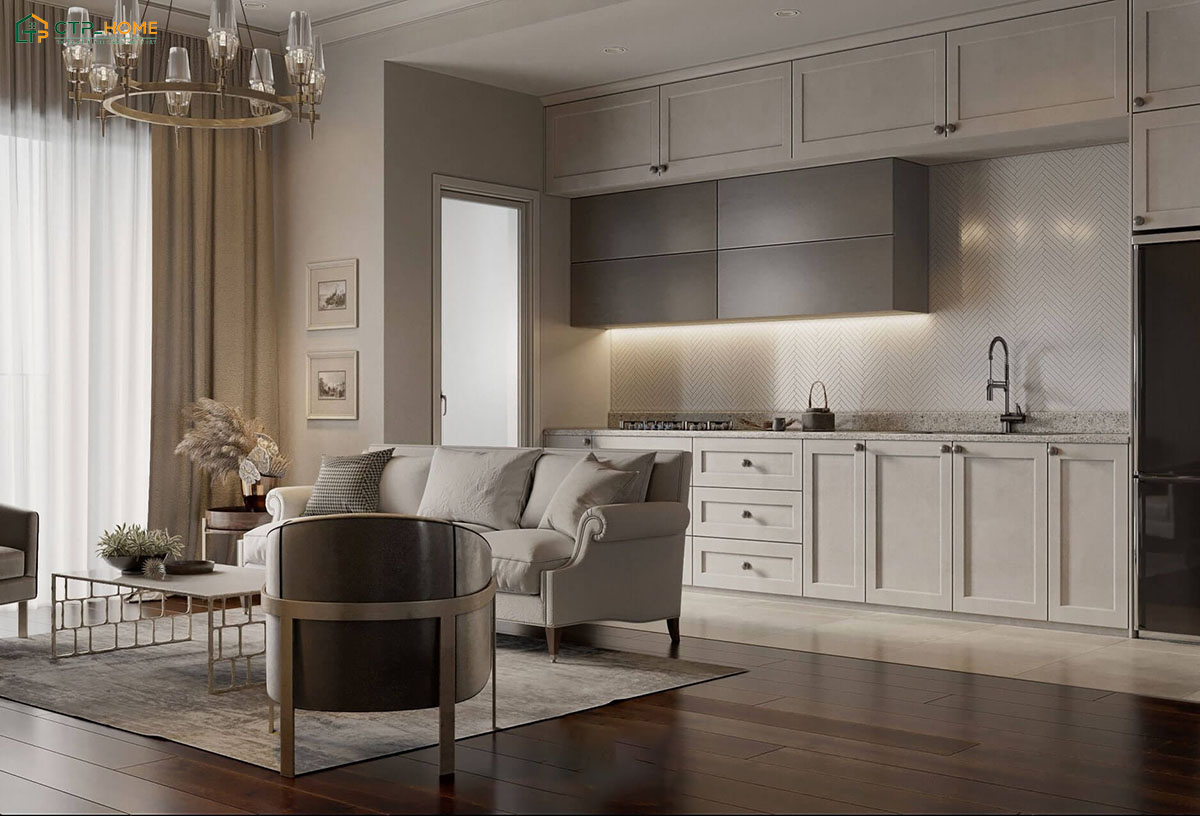 Mẫu thiết kế chung cư 90m2 tân cổ điển nổi bật với các chi tiết phào chỉ tinh tế và đường nét mềm mại