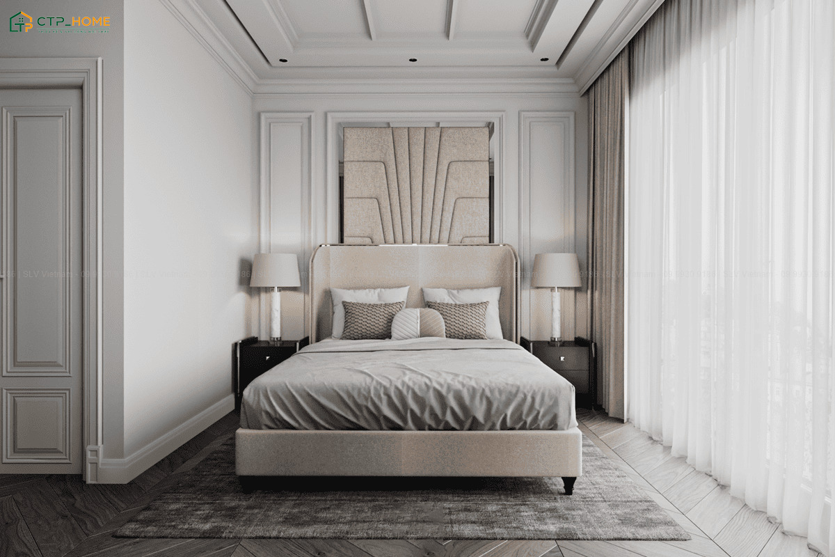 Phòng ngủ chung cư 90m2 tân cổ điển luôn có cảm giác ấm cúng khi sử dụng nội thất gỗ và vải nhung