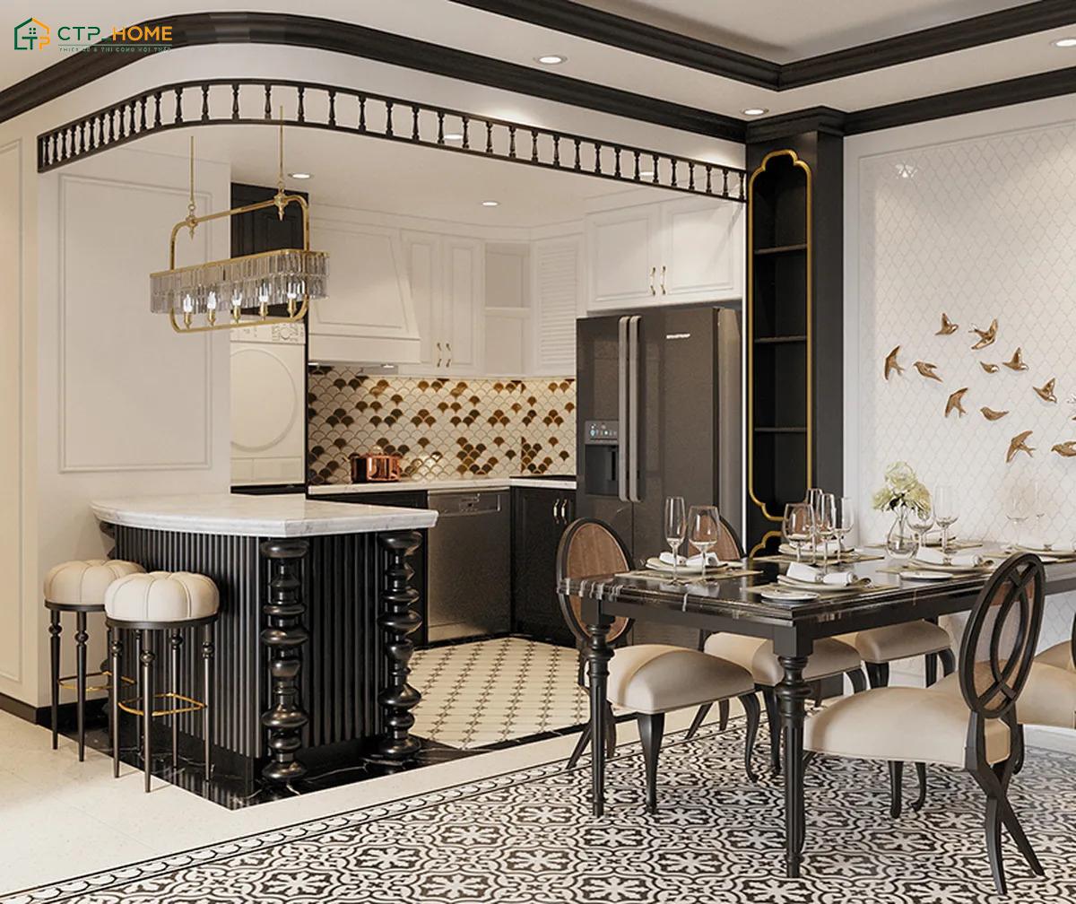 Mẫu thiết kế nội thất chung cư 90m2 Indochine gây ấn tượng với các chi tiết trang trí đặc trưng như họa tiết kỷ hà