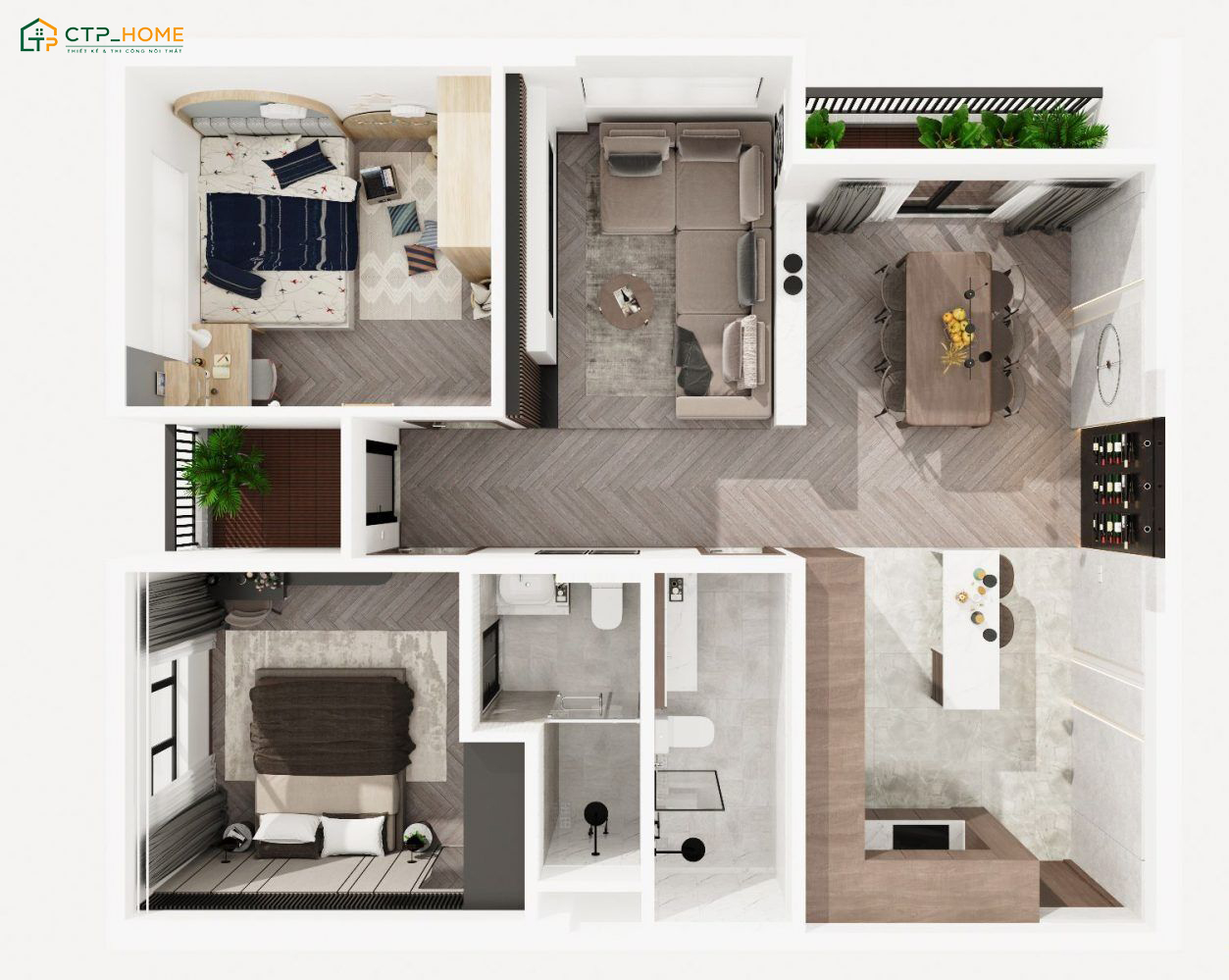 Mẫu thiết kế nội thất căn hộ chung cư 90m2 2 phòng ngủ với các khu vực chức năng đều có diện tích rộng rãi