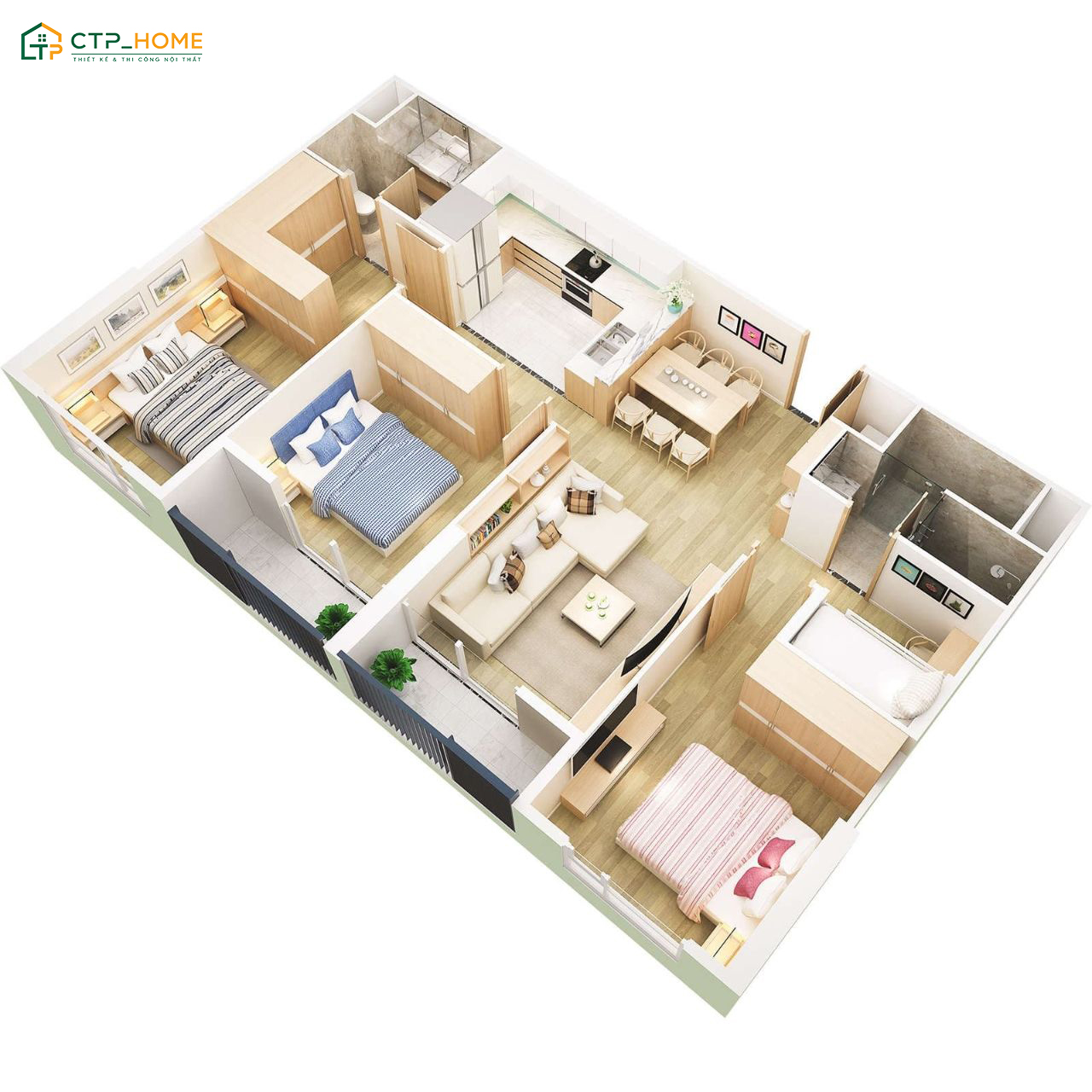 Mẫu thiết kế nội thất chung cư 90m2 3 phòng ngủ với cách phân bổ diện tích phù hợp giúp đảm bảo sự hài hòa