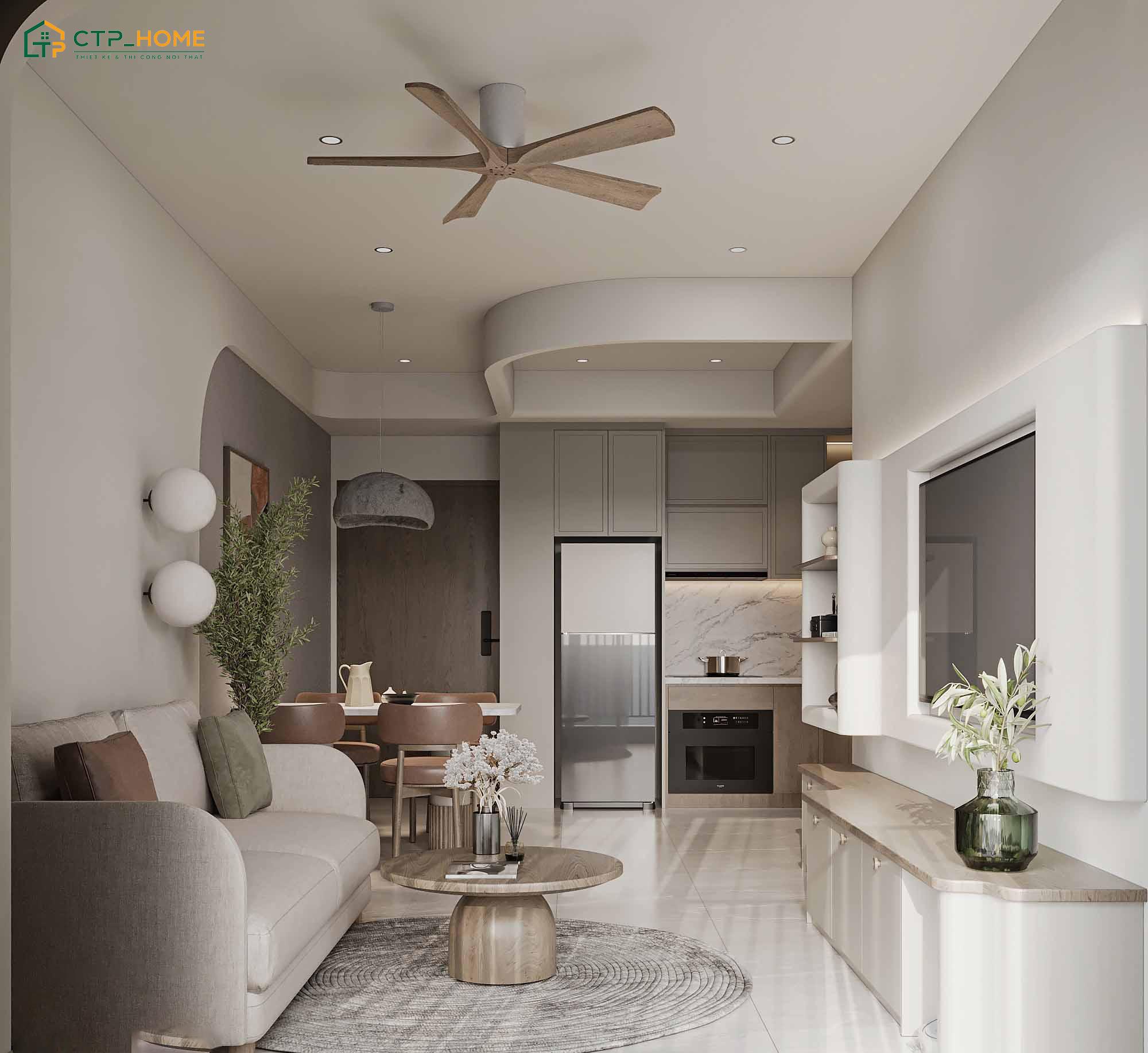  Khu vực sinh hoạt chung trong căn hộ 90m2 3 phòng ngủ được bố trí liền mạch giúp tạo sự thuận tiện khi sử dụng