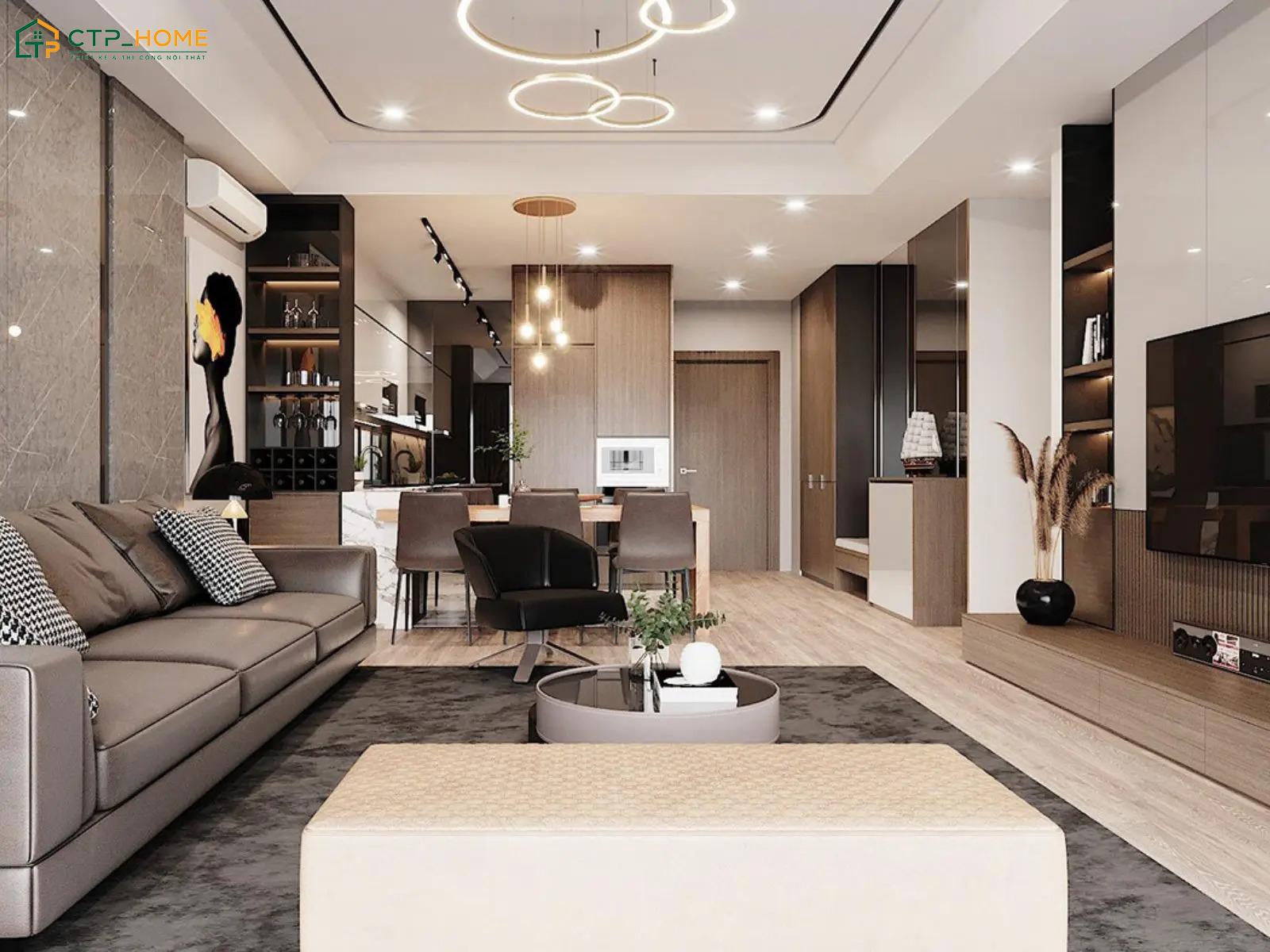 Mẫu thiết kế nội thất căn hộ 90m2 hiện đại sẽ bố trí các khu vực chức năng liền mạch để tạo sự thuận tiện khi di chuyển