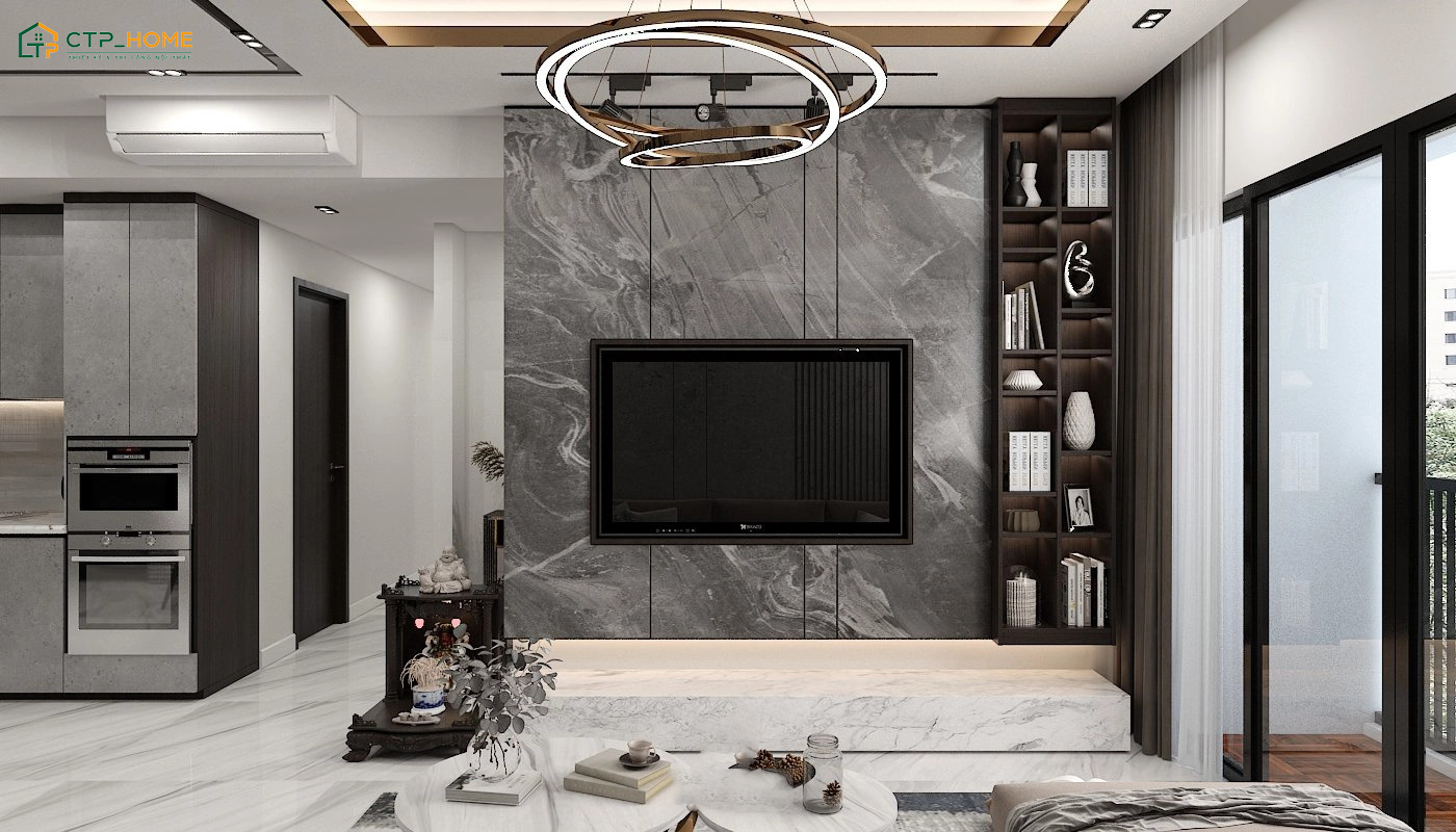 Chung cư 90m2 hiện đại với gam màu xám sáng kết hợp vách đá ốp tường giúp tạo điểm nhấn sang trọng