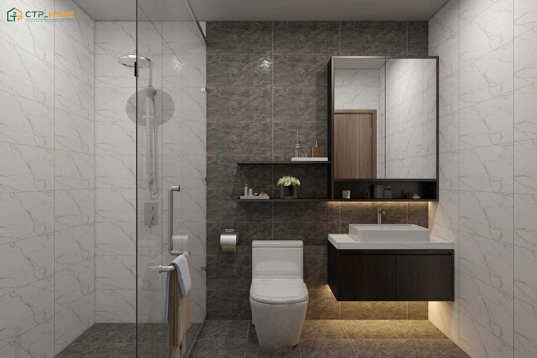 Nhà vệ sinh sử dụng kính cường lực để phân chia khu vực khô và ướt giúp không gian luôn sạch sẽ, khô ráo