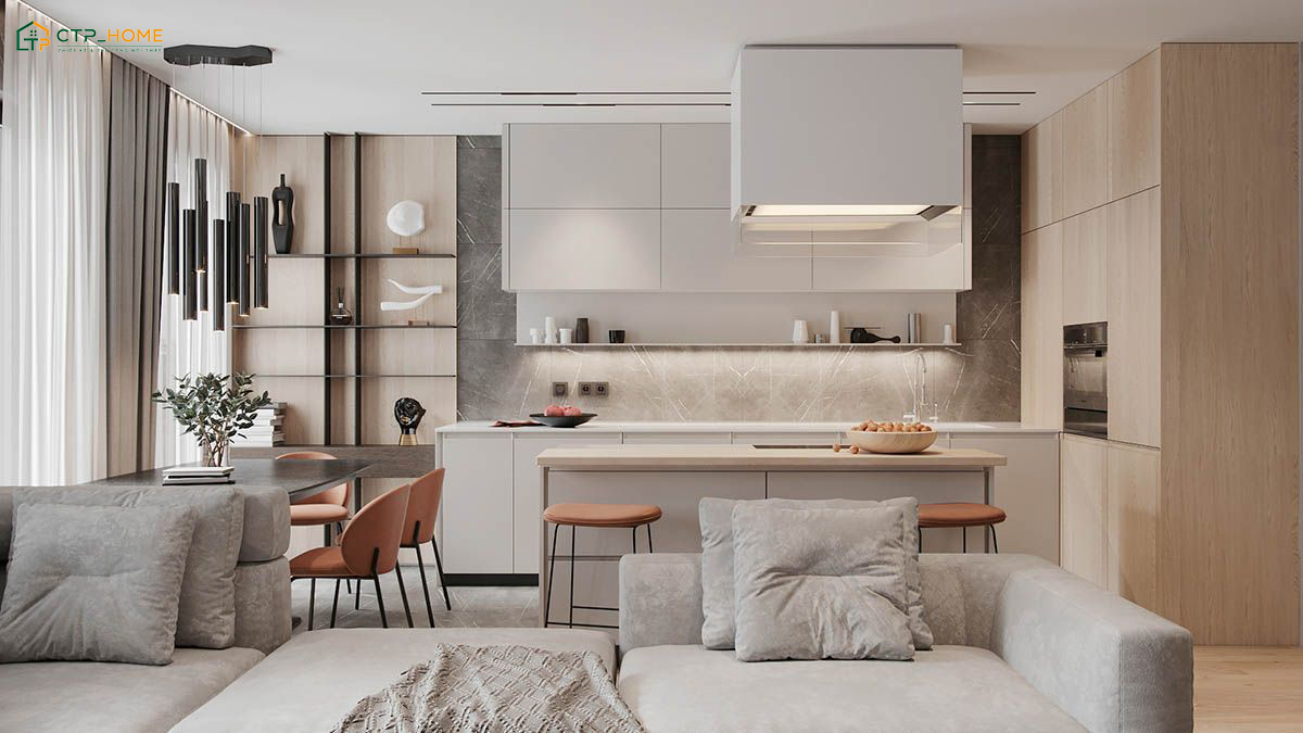 Mẫu thiết kế chung cư 90m2 tối giản sử dụng tone màu trung tính làm chủ đạo để tạo các giác thoải mái hơn