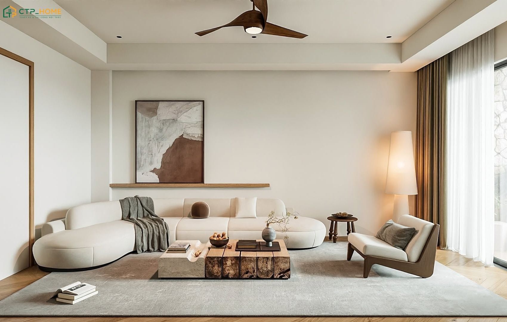 Mẫu thiết kế nội thất nhà phố 4 tầng Scandinavian sẽ tạo dấu ấn thông qua bộ sofa mềm mại cùng bàn trà gỗ