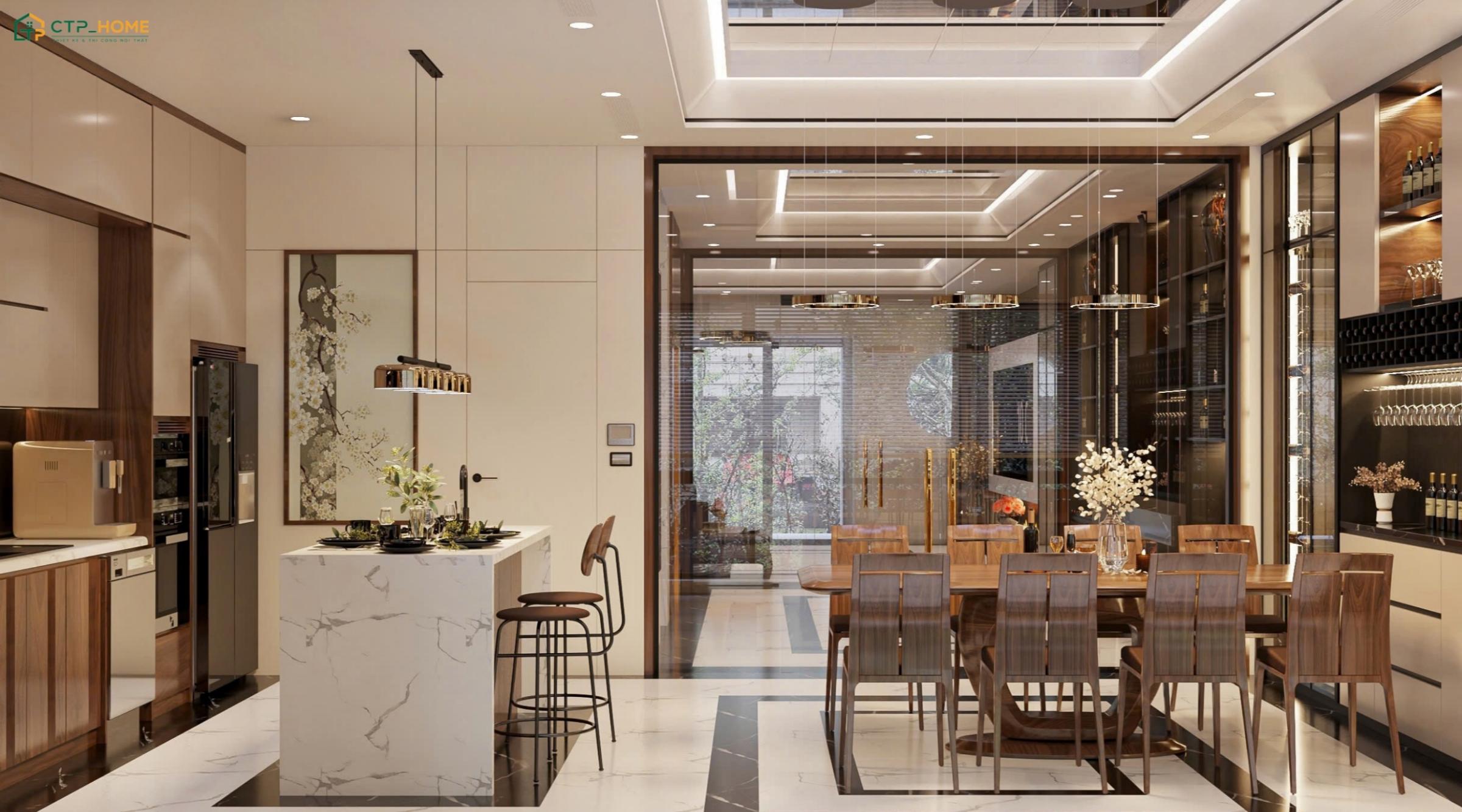 Khu vực phòng bếp và phòng ăn sẽ sử dụng đảo bếp đá để tạo sự phân chia nhẹ nhàng giữa hai không gian