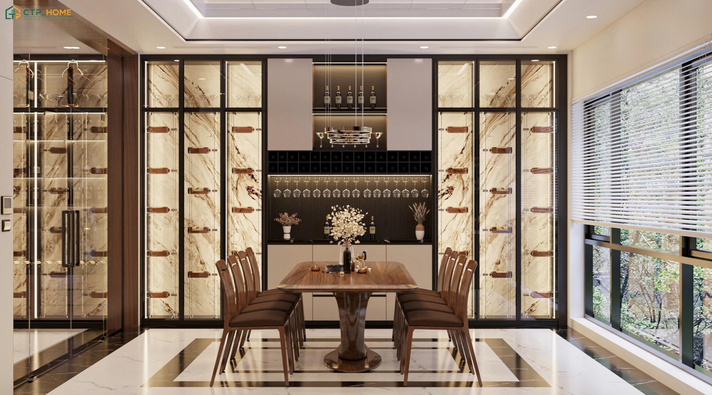 Phòng ăn nhà phố 4 tầng sẽ sử dụng bộ bàn ghế gỗ và quầy bar nhỏ sẽ tạo sự thoải mái hơn khi dùng bữa