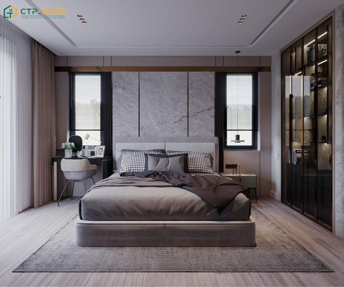 Mẫu phòng ngủ nhà phố 4 tầng tối giản sẽ kết hợp nội thất gỗ tối màu và thảm trải sàn mềm mại để tạo cảm giác gần gũi hơn