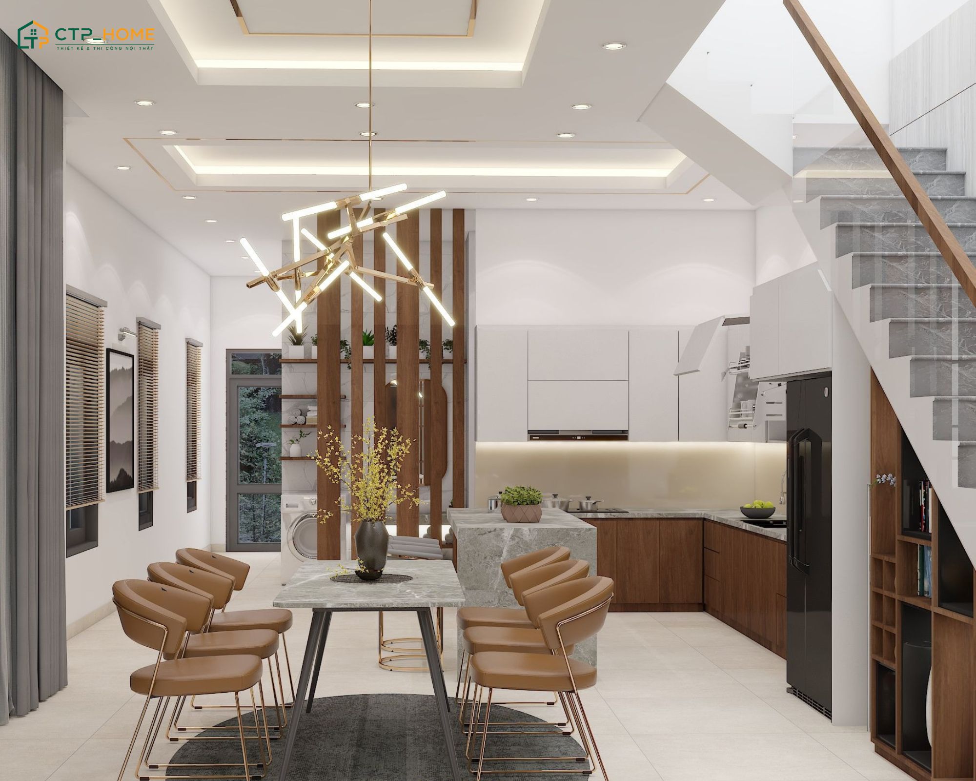 Mẫu thiết kế nội thất phòng bếp nhà ống đẹp 4m dưới gầm cầu thang thường sử dụng hệ tủ kịch trần