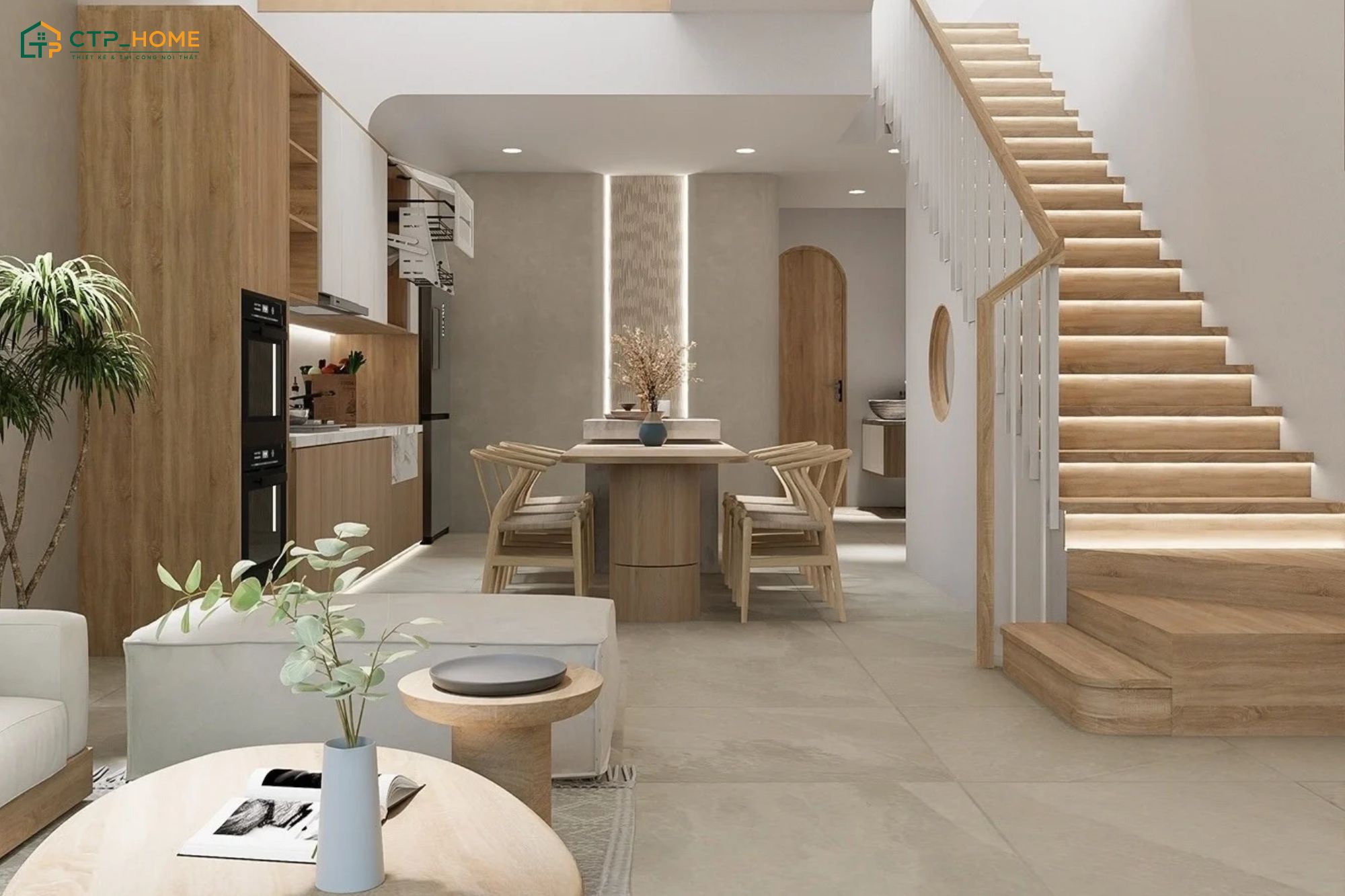 Thiết kế phòng bếp nhà ống 4m liền kề phòng khách giúp tạo cảm giác rộng rãi và thông thoáng