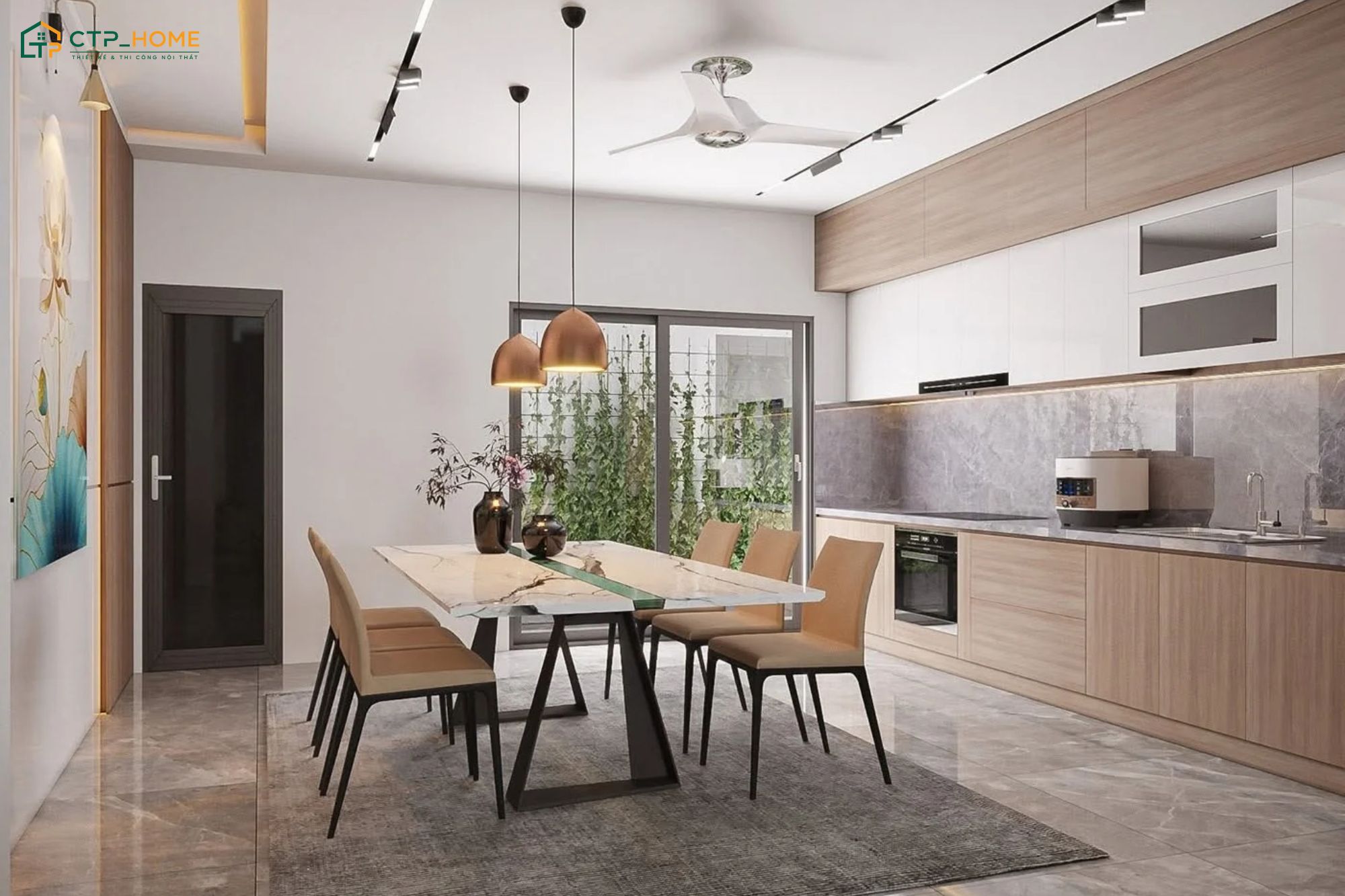 Việc bố trí nội thất đơn giản, màu sắc nhẹ nhàng sẽ giúp tổng thể căn bếp trở nên rộng rãi hơn
