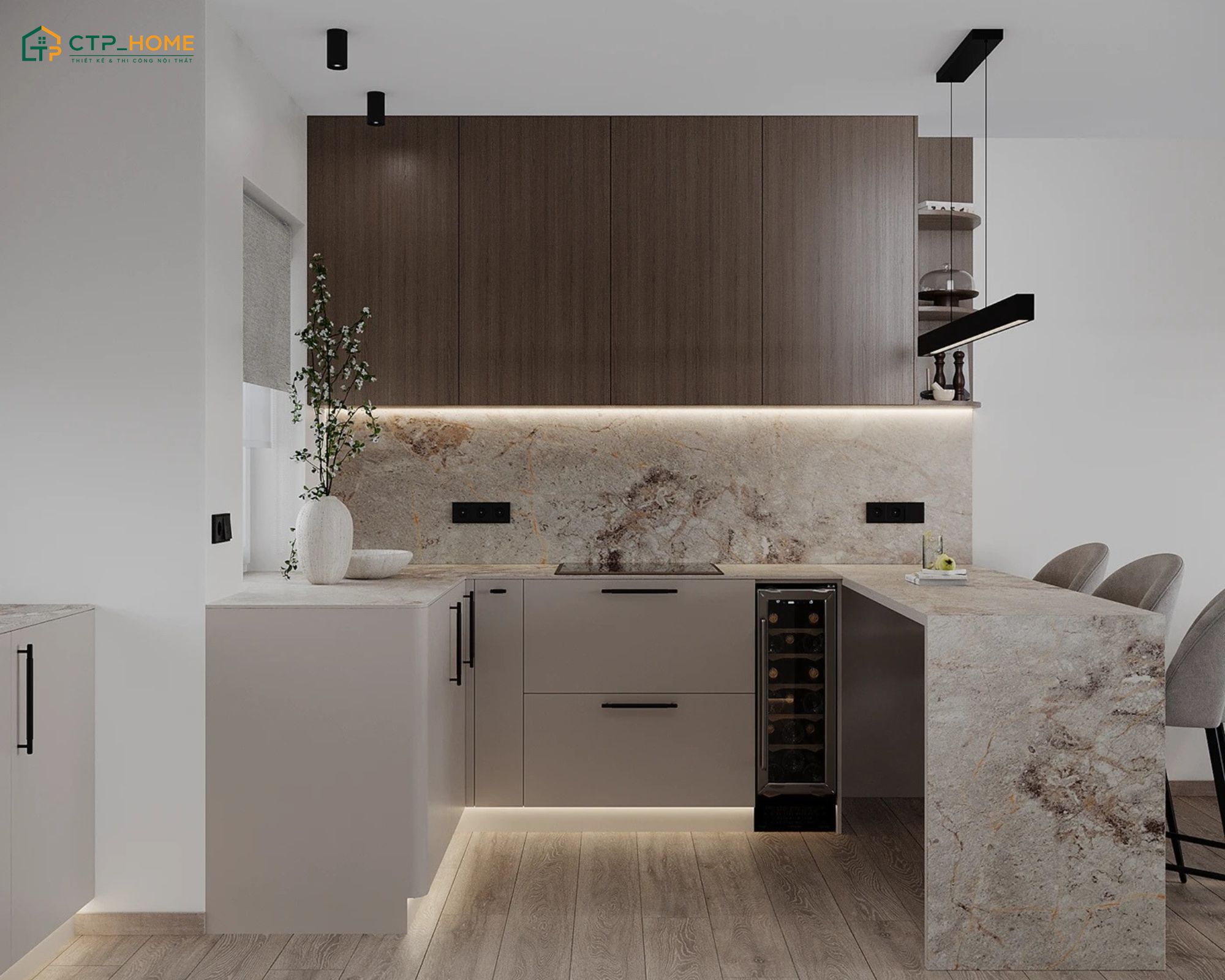 Mẫu phòng bếp nhà ống 4m hiện đại với hệ tủ bếp hình chữ U kết hợp mặt bàn đá sáng màu