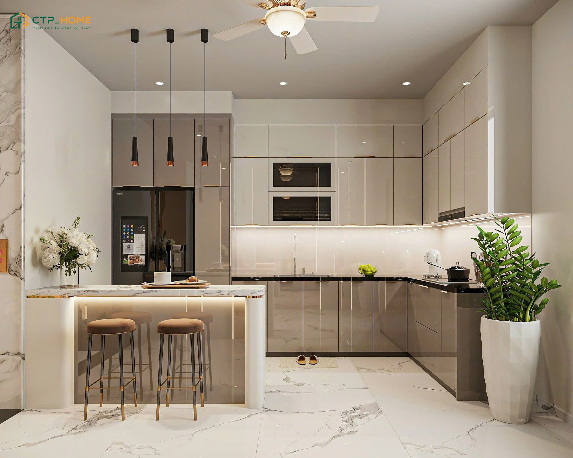 Mẫu trang trí phòng bếp nhà ống 4m hiện đại sẽ sử dụng tủ bếp không tay nắm để tạo sự gọn gàng