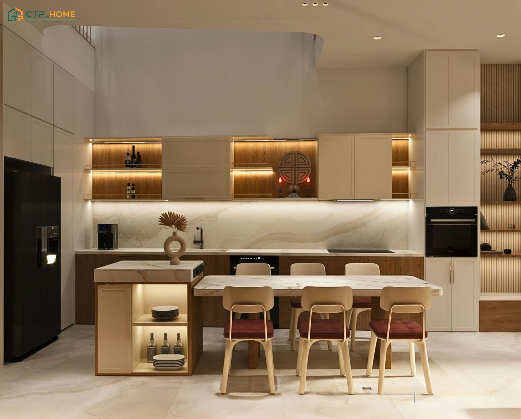 Phong cách sang trọng thường ưu tiên các chất liệu dễ vệ sinh để căn bếp nhà ống 4m luôn gọn gàng