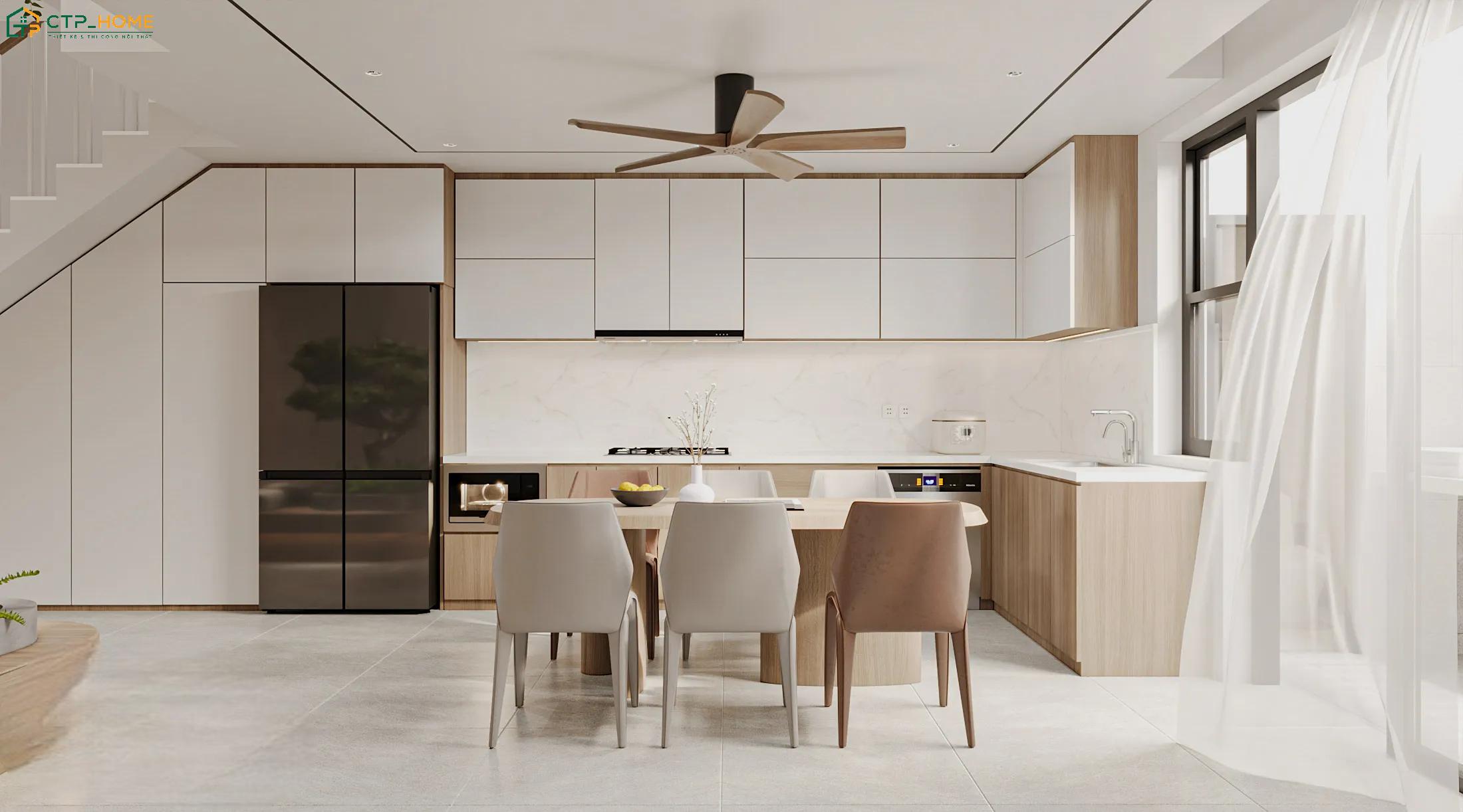 Mẫu phòng bếp nhà ống 5m tối giản sẽ tiết chế chi tiết trang trí để tạo nên một không gian gọn gàng