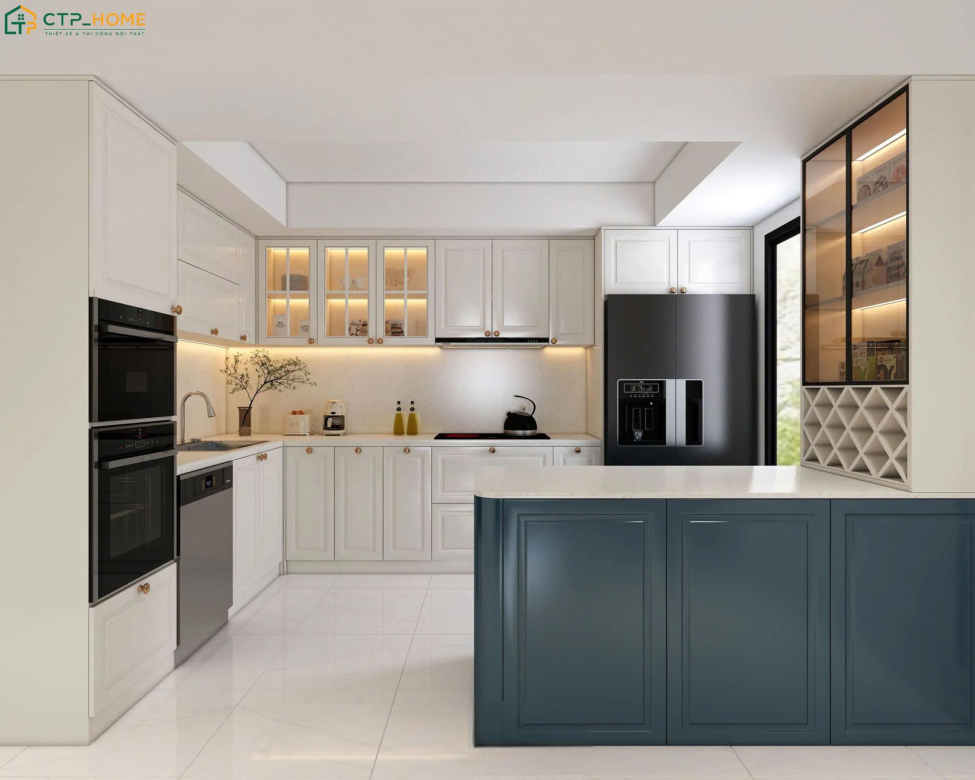 Nét cổ điển được tiết chế vừa đủ giúp phòng bếp nhà ống đẹp 5m có dấu ấn riêng mà không nặng nề