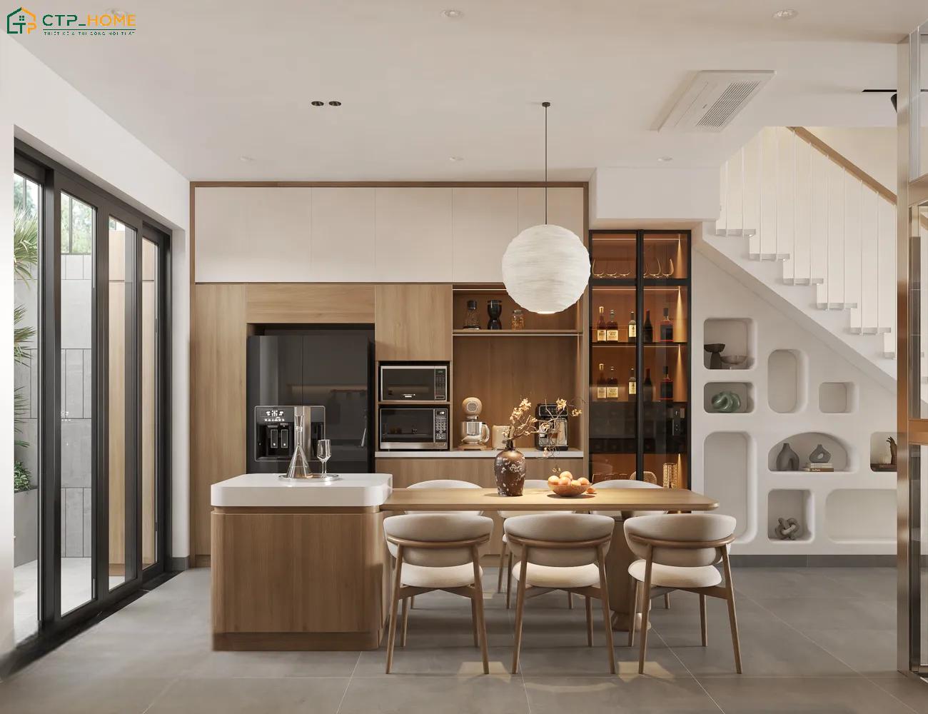 Mẫu trang trí phòng bếp nhà ống 5m Japandi sẽ kết hợp gỗ tự nhiên và gam màu ấm để tạo nên vẻ mộc mạc