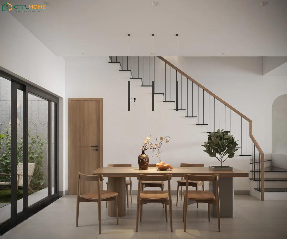 Bàn ăn được đặt ở giữa phòng bếp vừa tạo sự thuận tiện khi sử dụng vừa trở thành điểm nhấn cho không gian