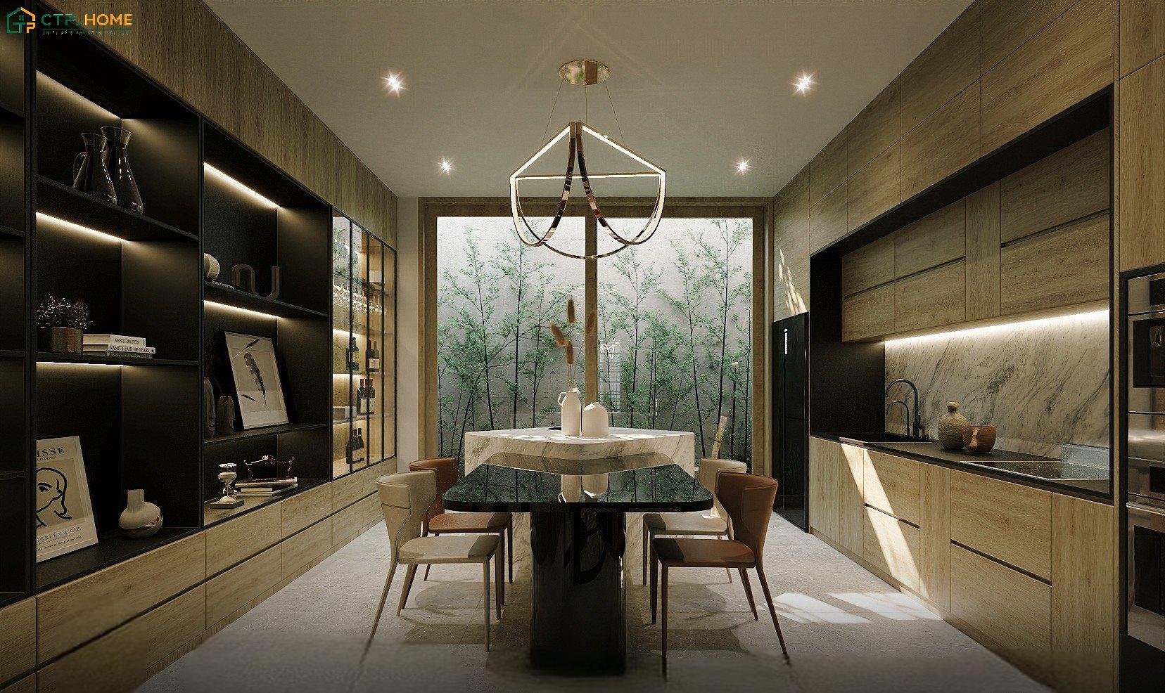 Vị trí đặt tủ bếp nên tránh đối diện với cửa chính và giữ khoảng cách hợp lý giữa bếp nấu với chậu rửa