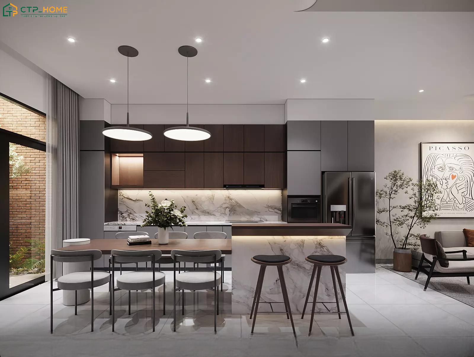 Thiết kế phòng bếp liền thông với phòng khách sẽ giúp tạo sự thuận tiện trong quá trình sử dụng