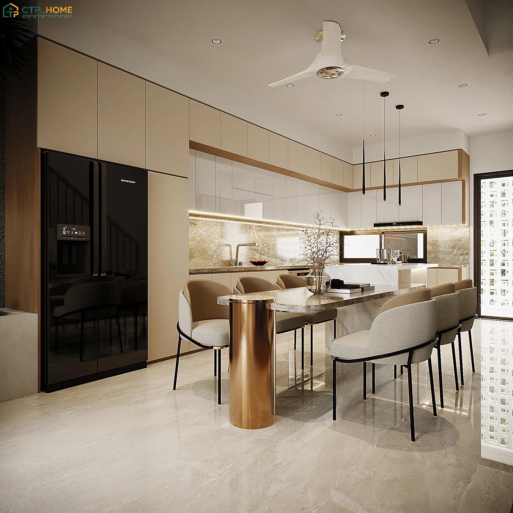 Bàn ăn được lựa chọn và bố trí hợp lý giúp gia tăng sự tiện nghi cho phòng bếp nhà ống ngang 5m