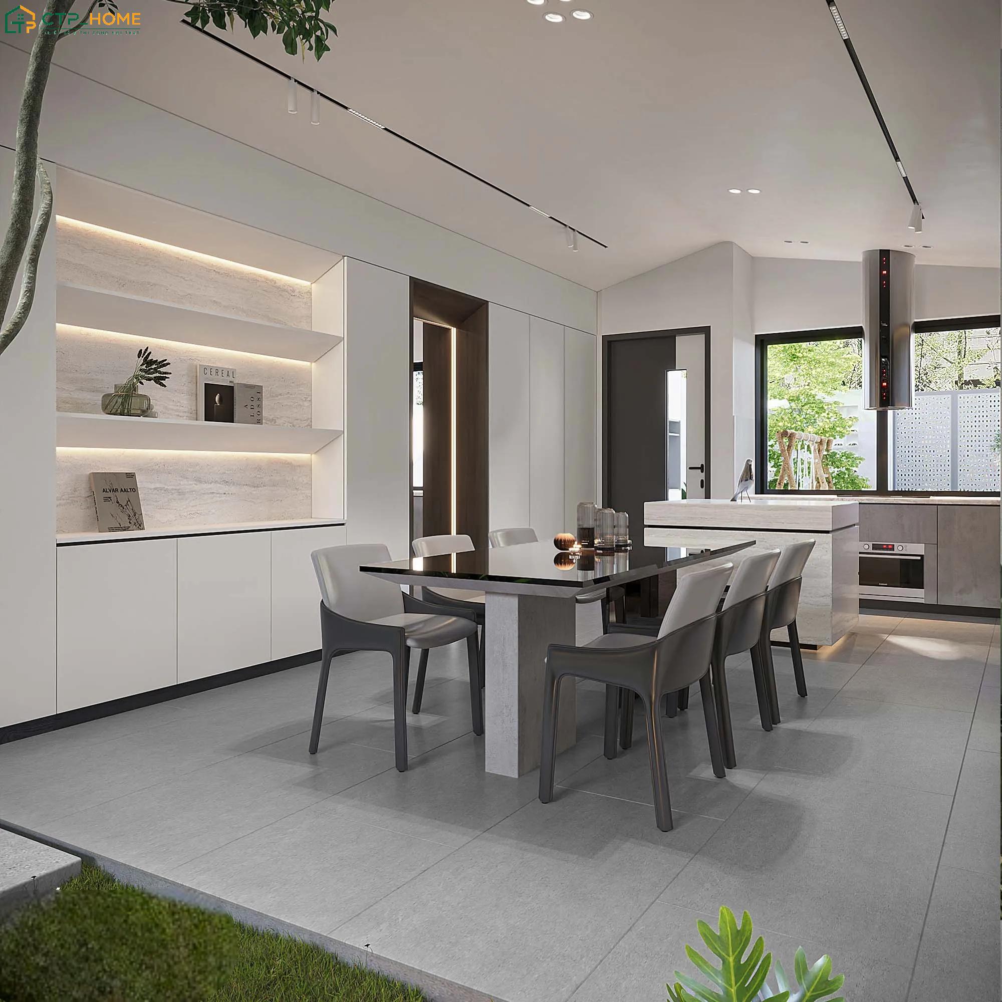 Mẫu phòng bếp nhà ống 5m với không gian mở sẽ tận dụng hệ thống cửa kính lớn để đón ánh sáng