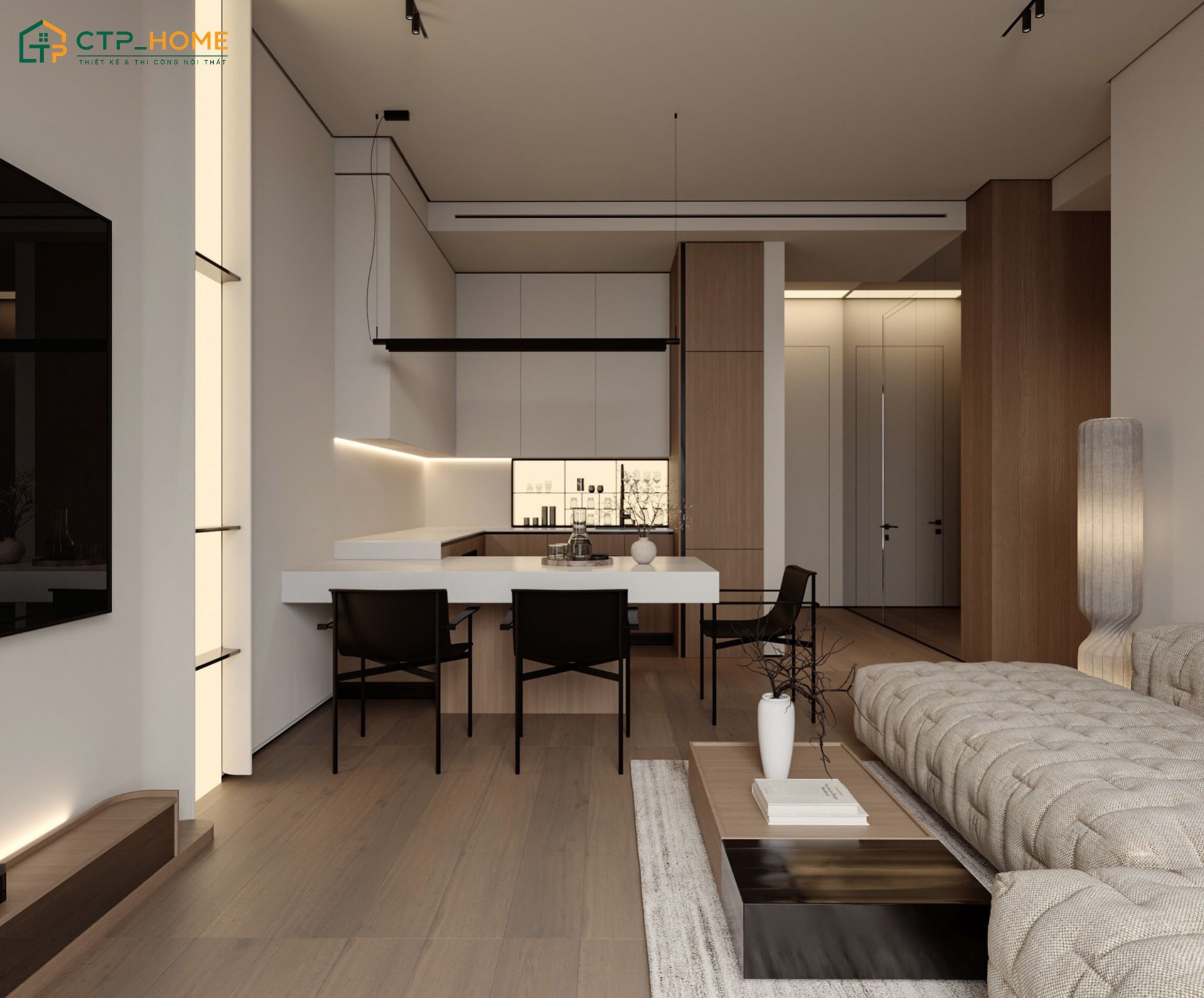 Mẫu thiết kế phòng khách liền phòng bếp 15m2 tối giản sẽ sử dụng các món đồ nội thất nhỏ gọn làm điểm nhấn
