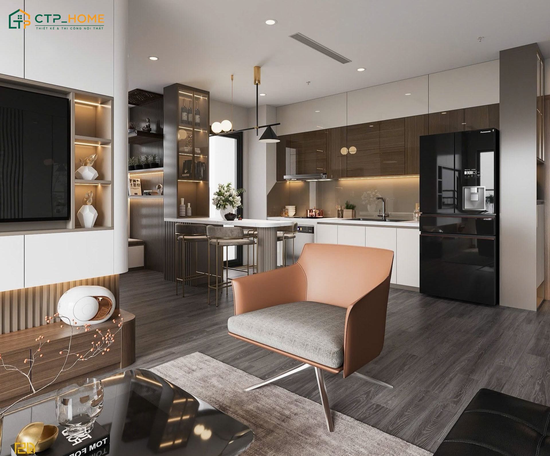 Mẫu thiết kế nội thất phòng khách liền bếp 15m2 phong cách hiện đại thường ưu tiên các món đồ nội thất đa năng