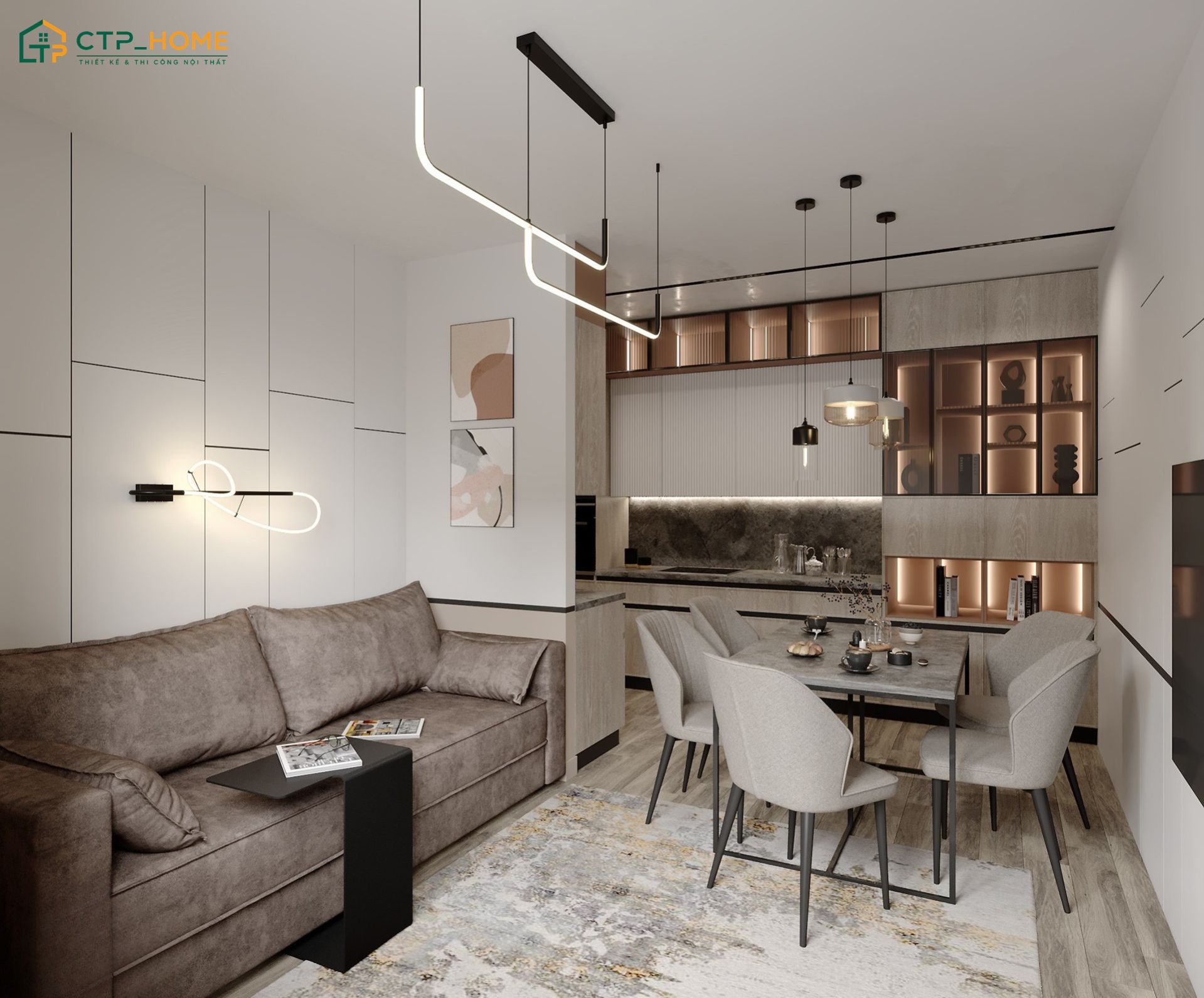 Mẫu phòng khách liền phòng bếp 15m2 hiện đại sẽ sử dụng các tone màu như ghi xám, nâu nhạt làm điểm nhấn