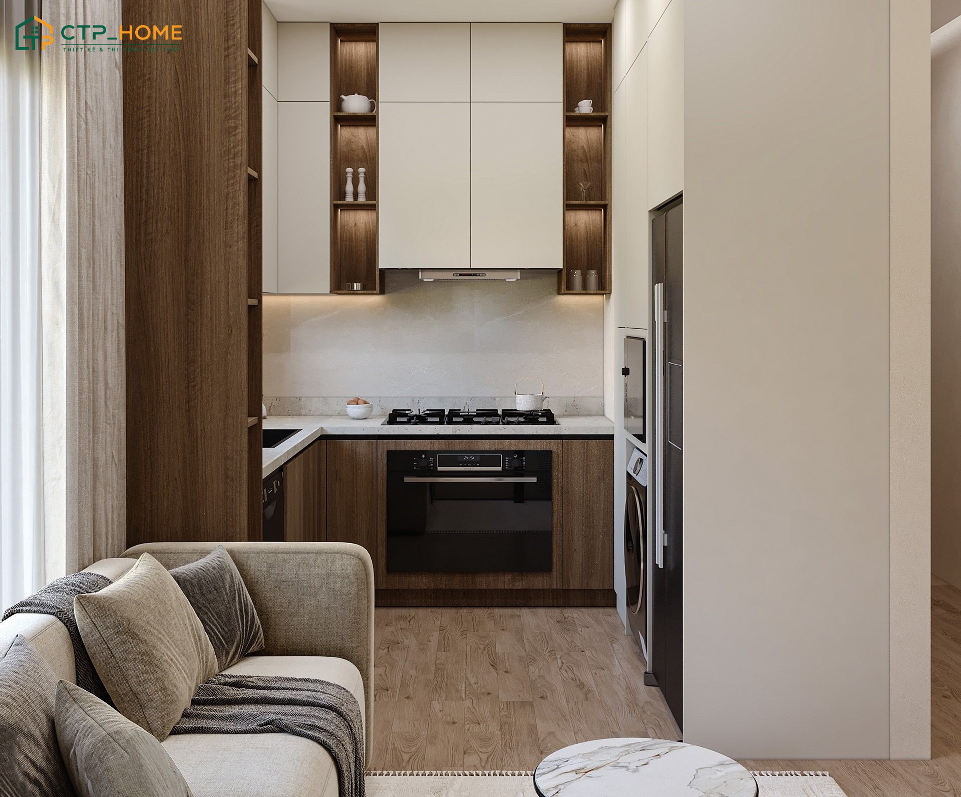 Mẫu phòng khách 15m2 liền phòng bếp phong cách hiện đại sẽ bố trí ánh sáng khoa học để gia tăng sự tiện nghi
