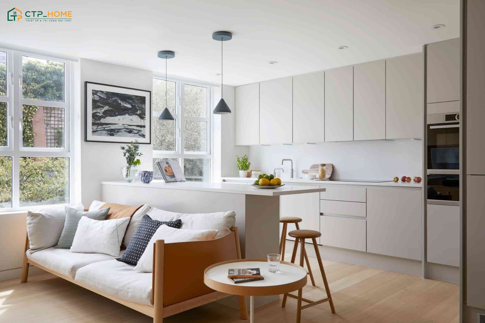 Mẫu phòng khách liền bếp 15m2 phong cách Scandinavian sẽ mang đến vẻ đẹp nhẹ nhàng, gần gũi và ấm ấp