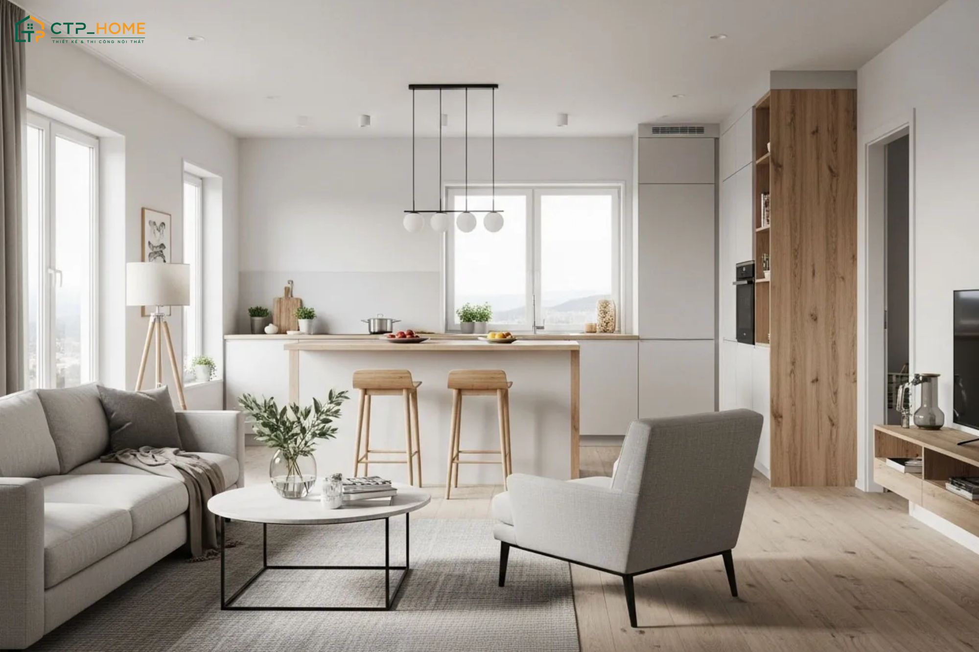 Mẫu phòng khách liền bếp 15m2 Bắc Âu sẽ ưu tiên tận dụng nguồn ánh sáng tự nhiên để tạo cảm giác rộng rãi