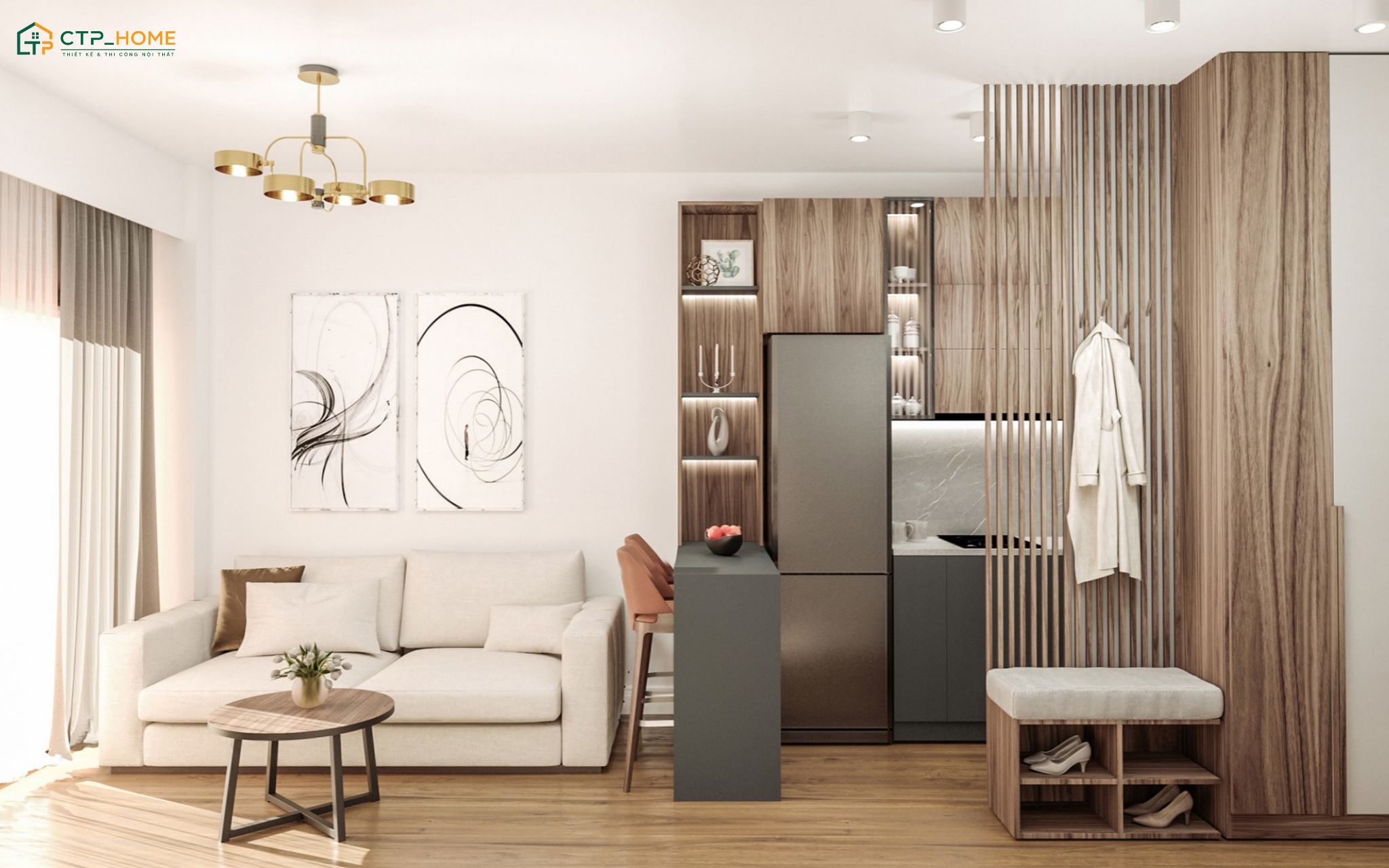 Mẫu thiết kế phòng khách liền bếp 15m2 với đảo bếp nhỏ gọn giúp tạo sự phân chia nhẹ nhàng giữa hai khu vực