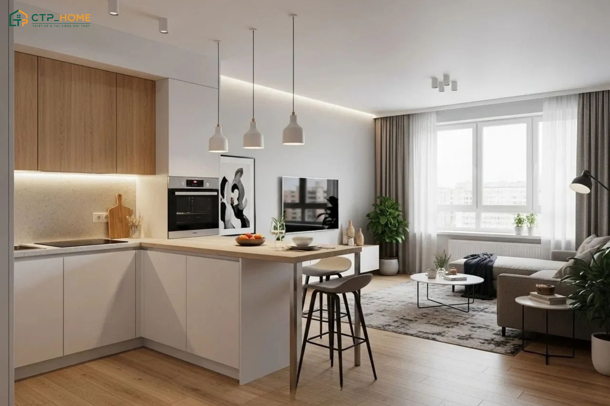 Mẫu phòng khách 15m2 liền phòng bếp có bàn đảo bếp sẽ tạo sự thuận tiện trong quá trình nấu nướng hàng ngày