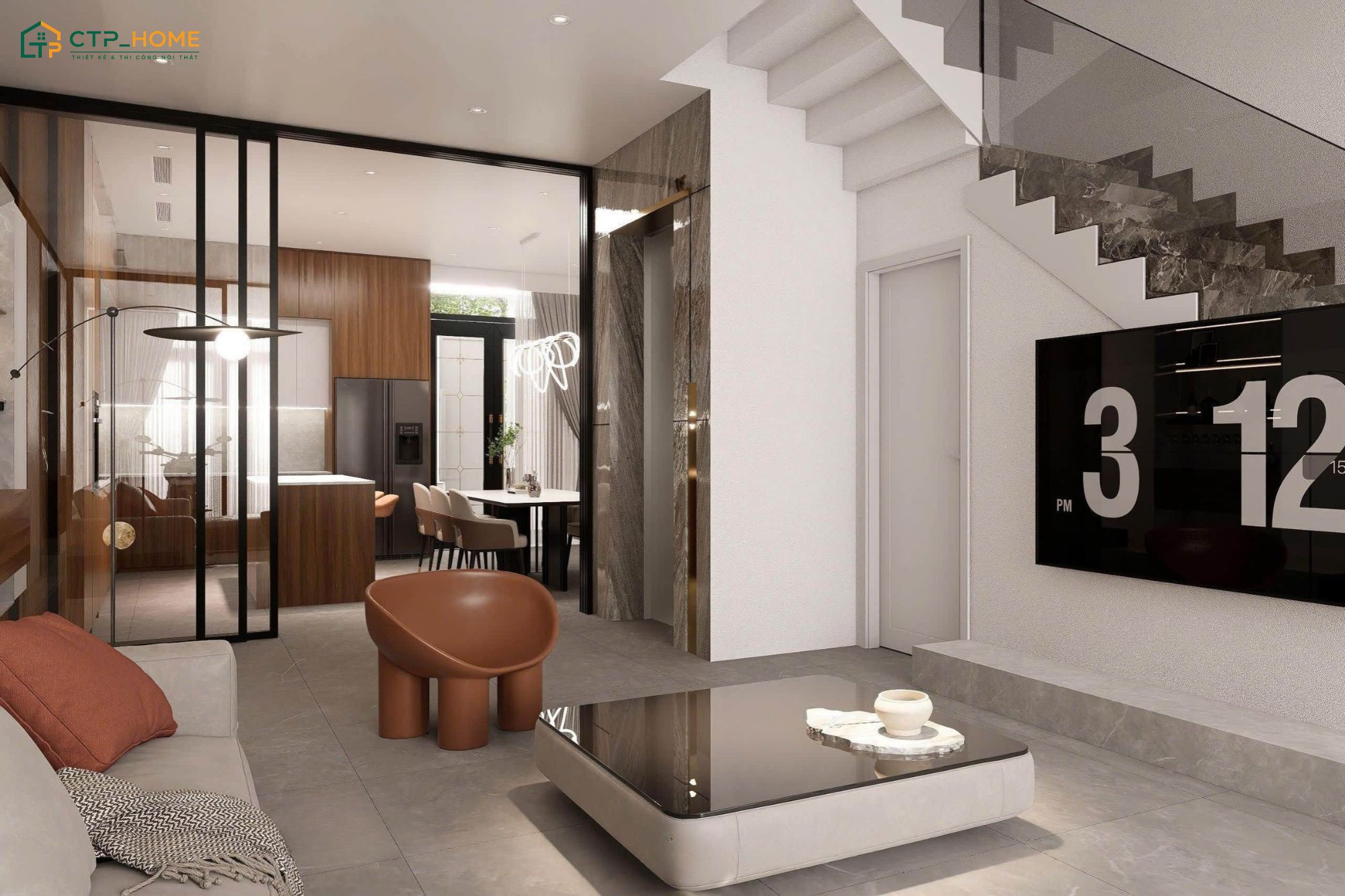 Mẫu thiết kế phòng khách liền bếp 15m2 với vách ngăn kính giúp tối ưu ánh sáng tự nhiên cho cả hai khu vực