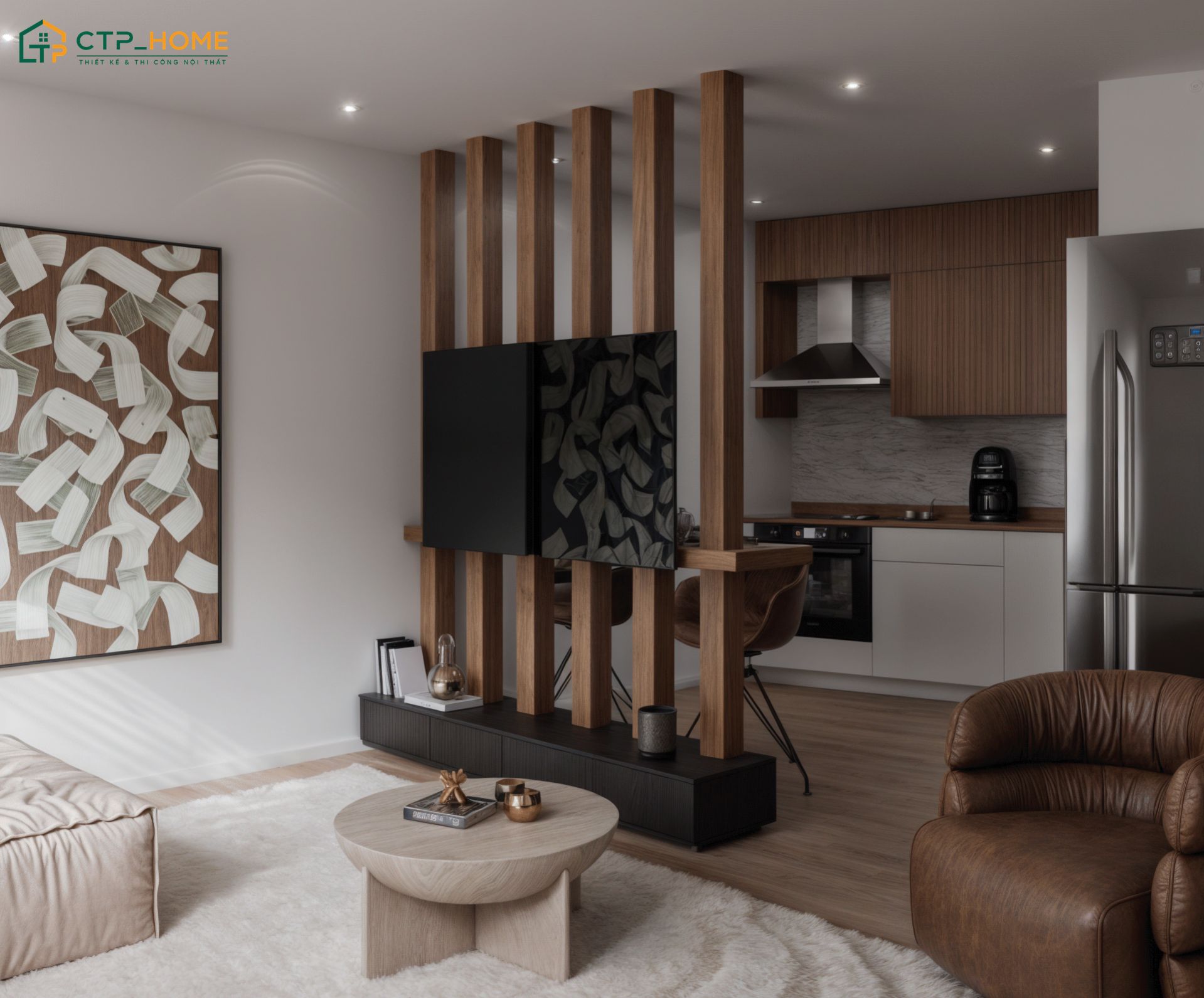 Mẫu thiết kế phòng khách 15m2 liền phòng bếp sử dụng vách lam gỗ sẽ giúp phân chia hai khu vực rõ ràng